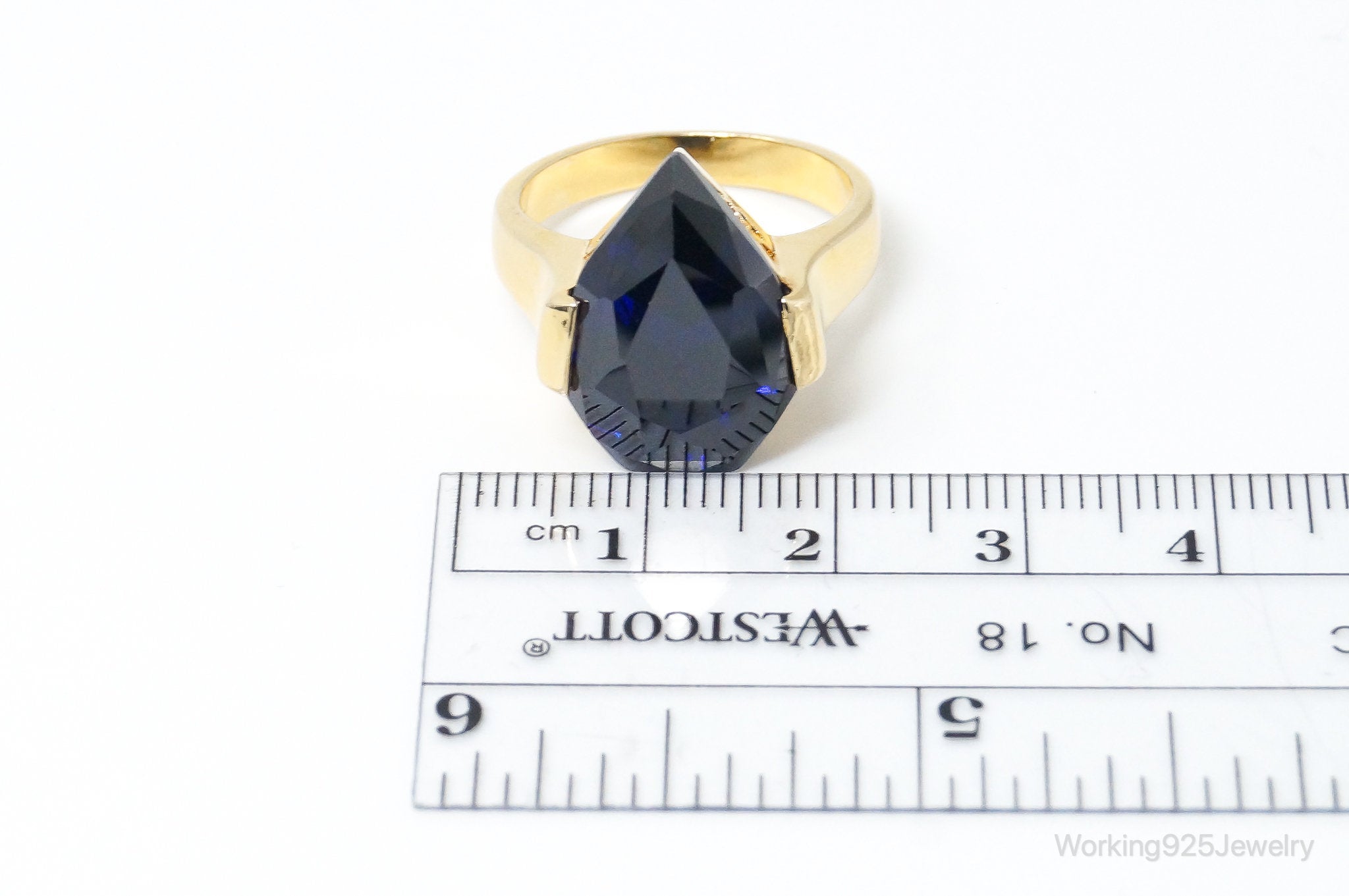 Vintage Large Blue Cubic Zirconia Gold Vermeil Sterling Silver Ring Size 8