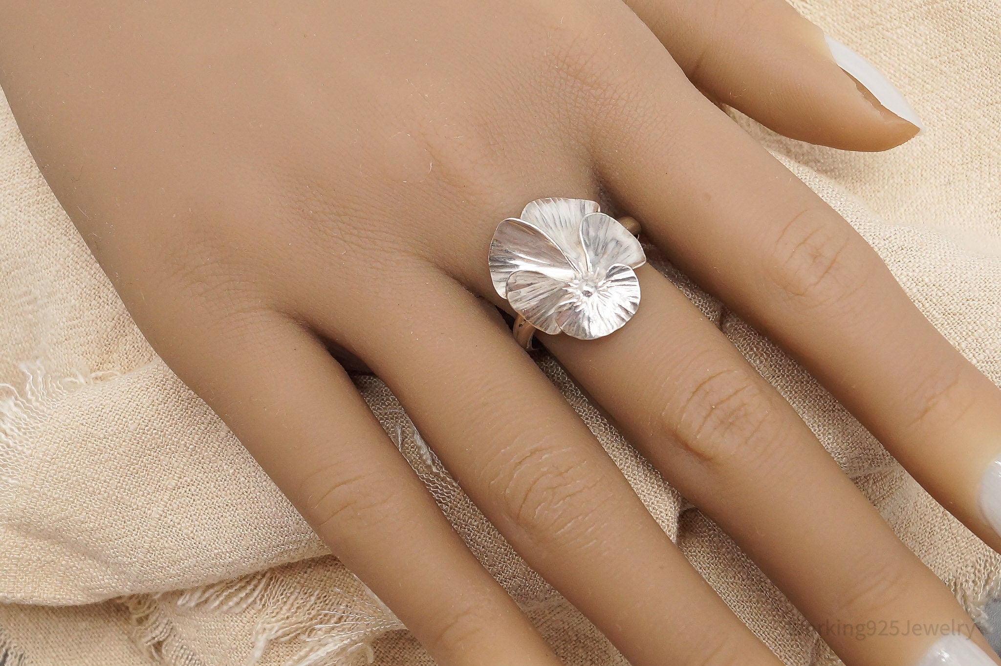 Vintage Designer NYE Flower Sterling Silver Ring - Adjustable Size 9.5