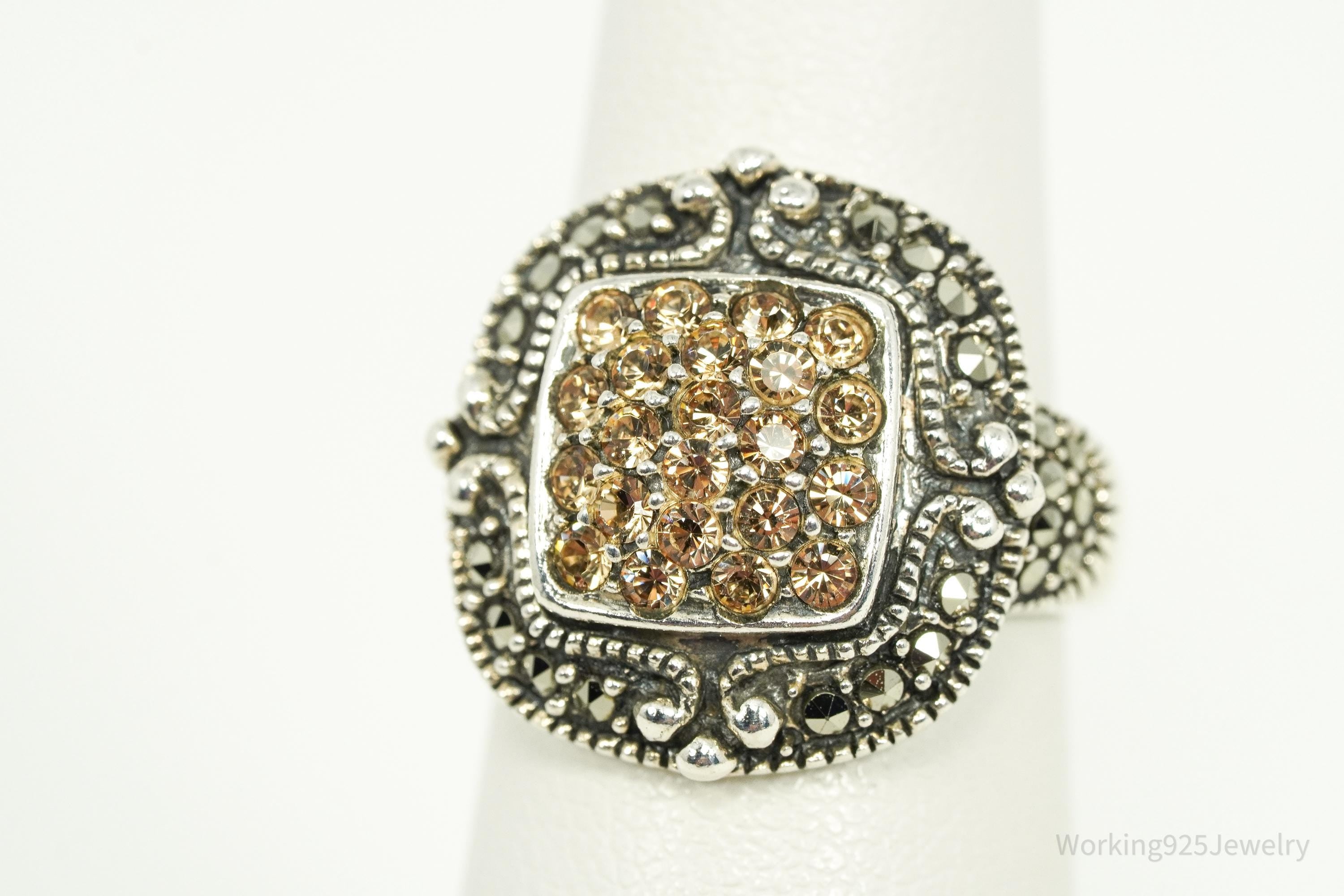 Vintage Marcasite & Crystal Sterling Silver Ring - Size 5.75