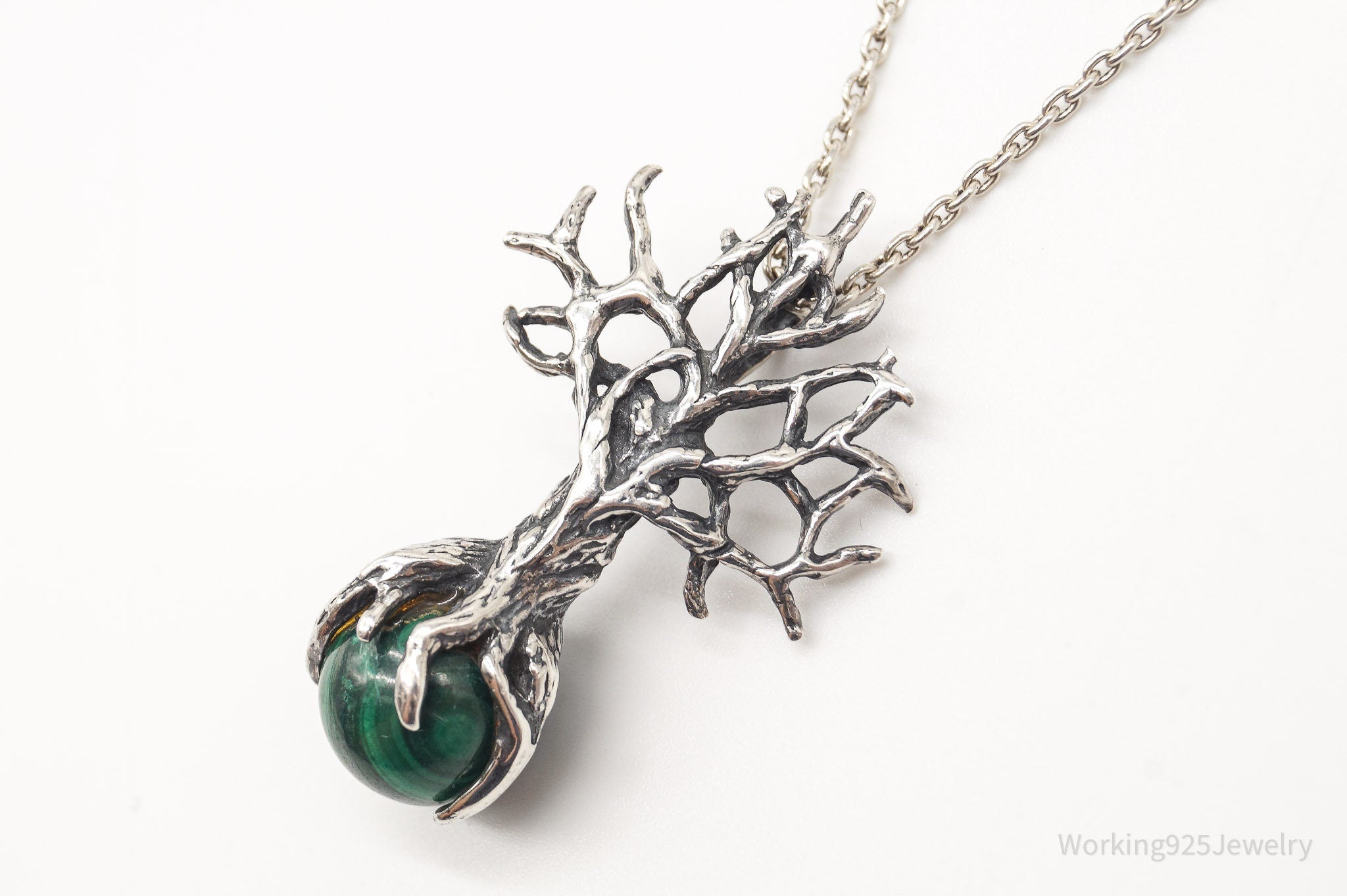 Vintage Tree Malachite Sterling Silver Necklace