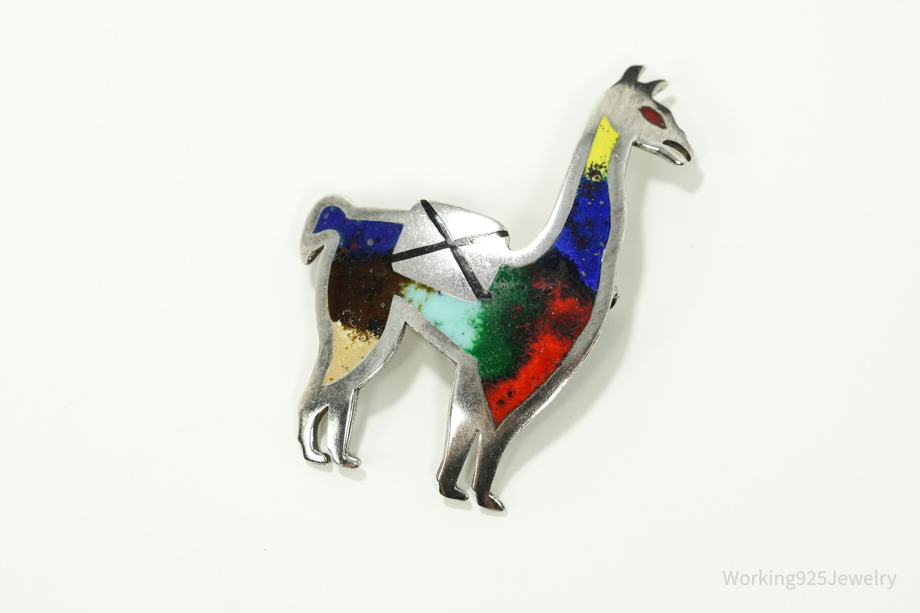 Vintage Peruvian Rainbow Enamel Llama Sterling Silver Brooch Pin