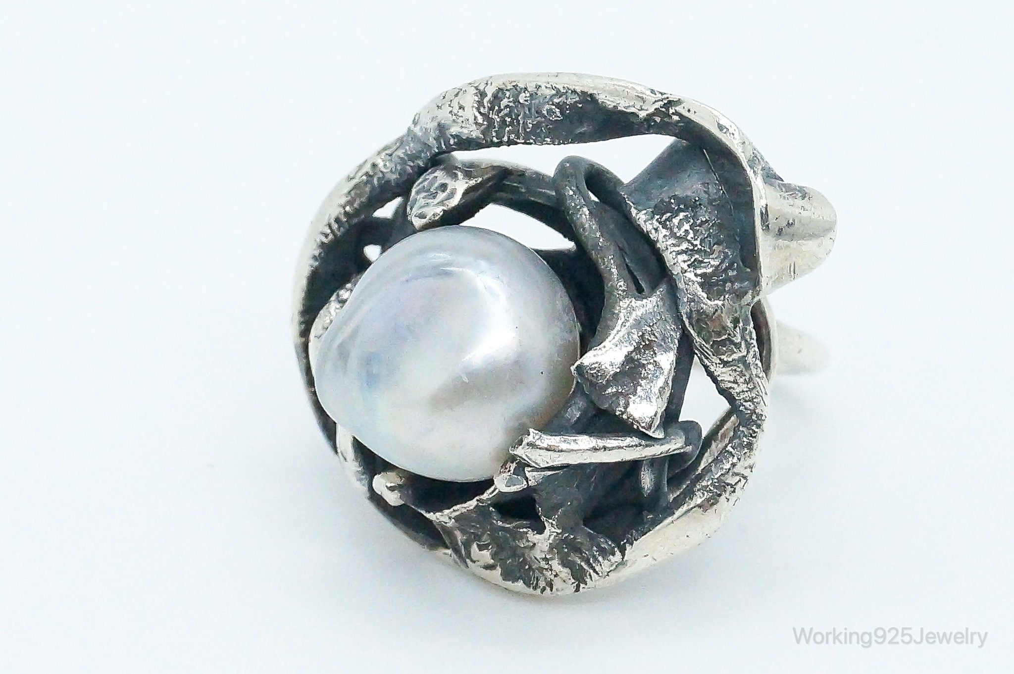 Vintage Pearl Brutalist Sterling Silver Ring - Size 5