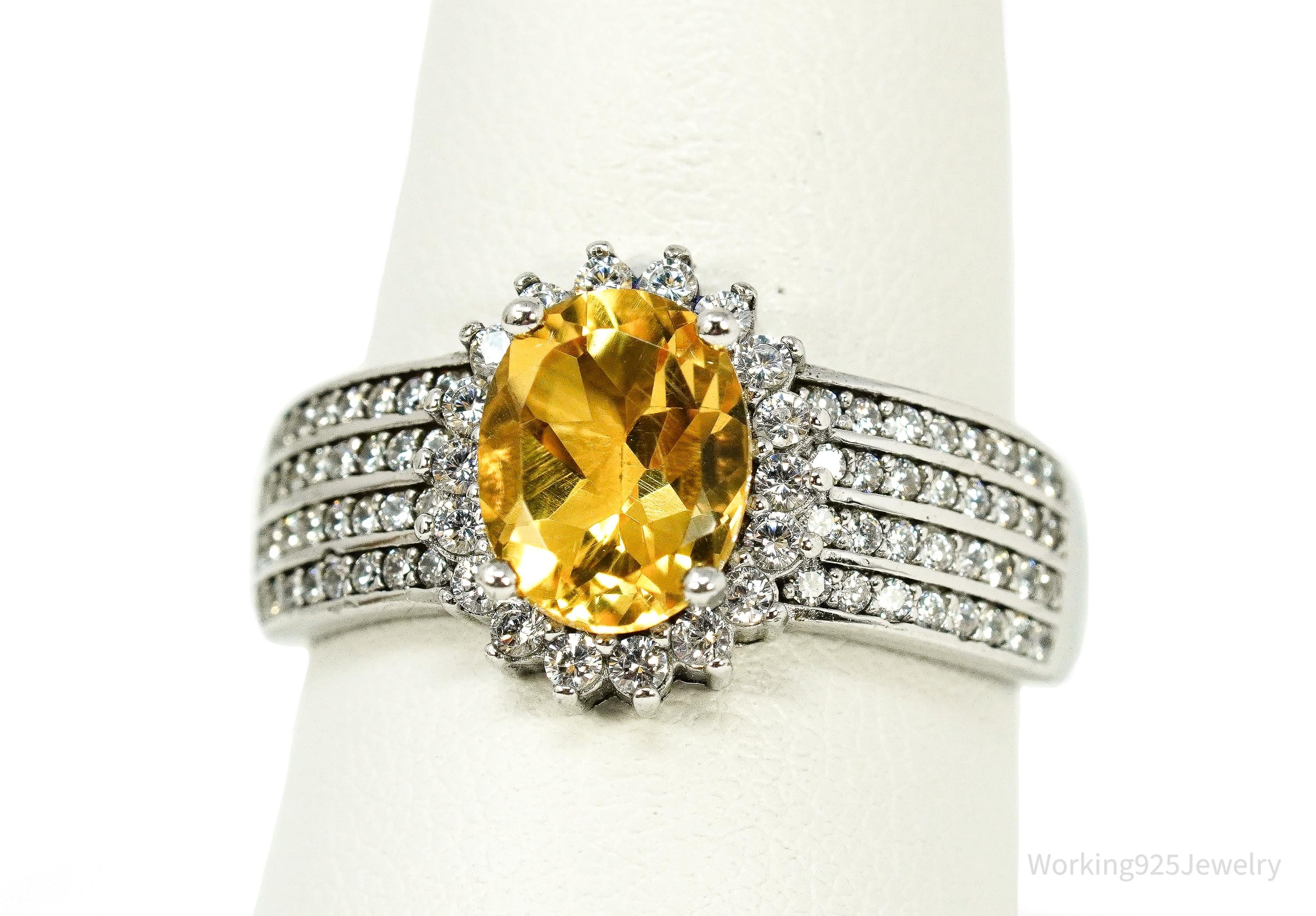 Vintage Citrine & Cubic Zirconia Sterling Silver Ring - Size 9