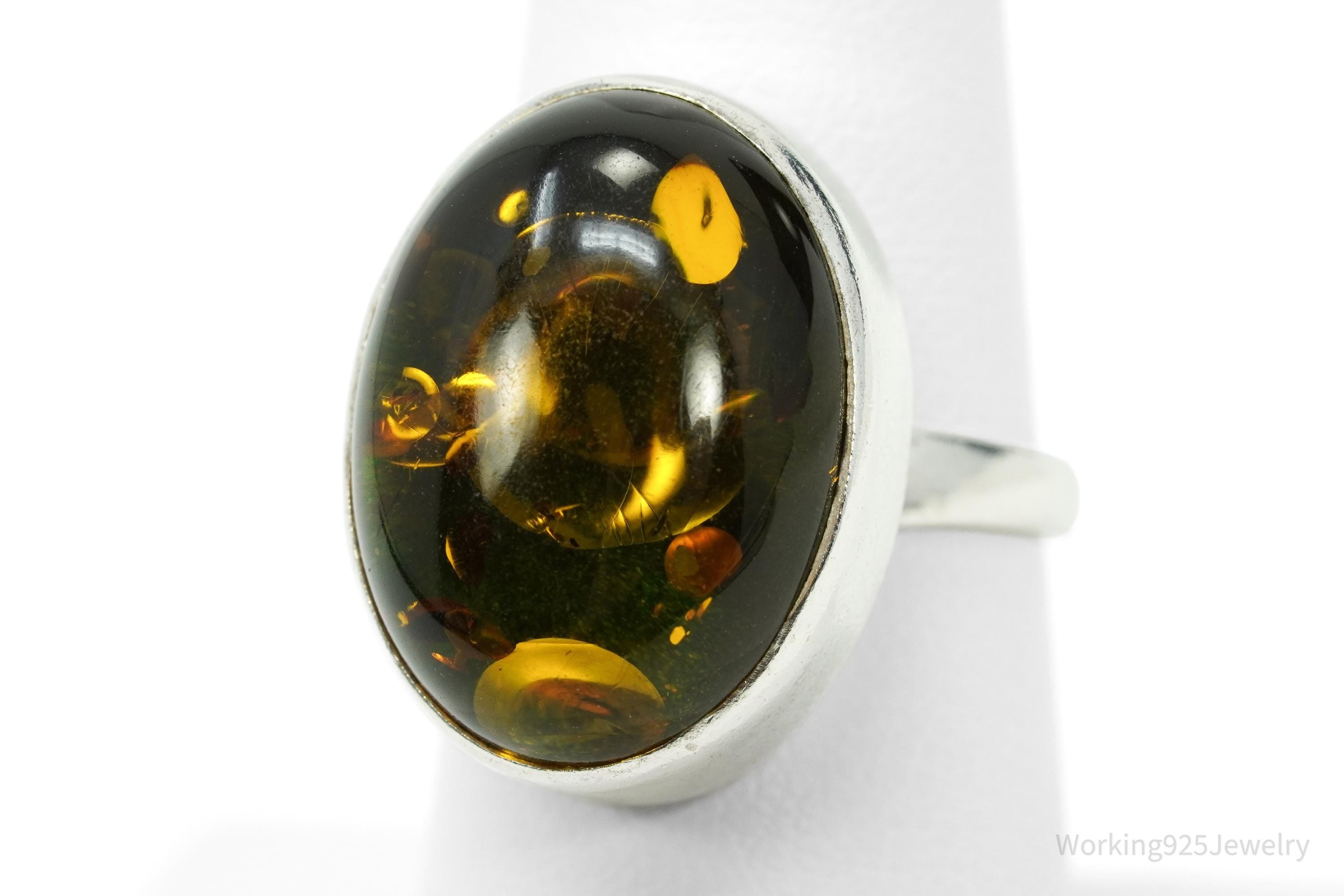 Vintage Polish Large Amber Sterling Silver Ring - Size 7