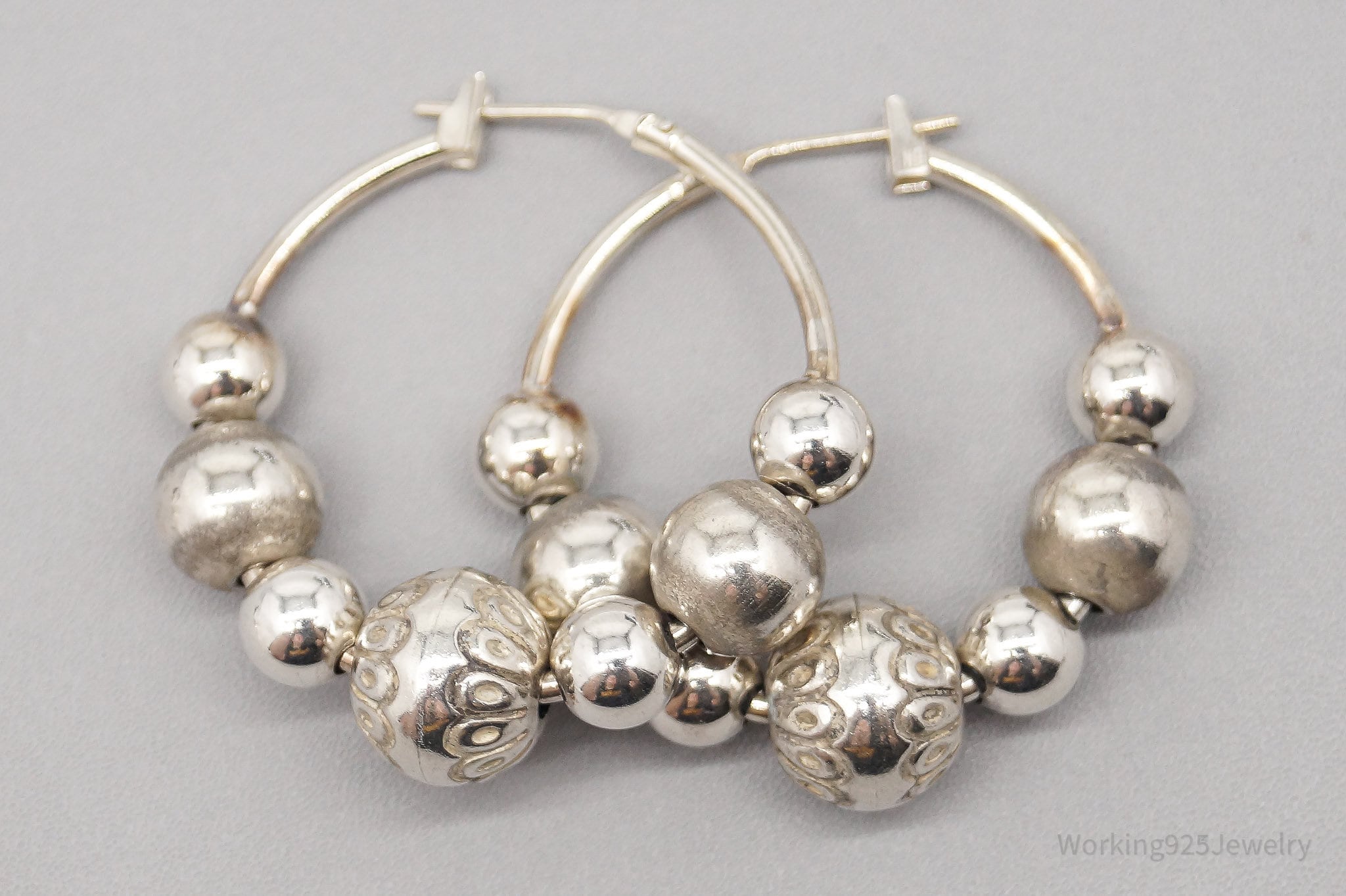 Vintage Puffy Bead Sterling Silver Hoop Earrings