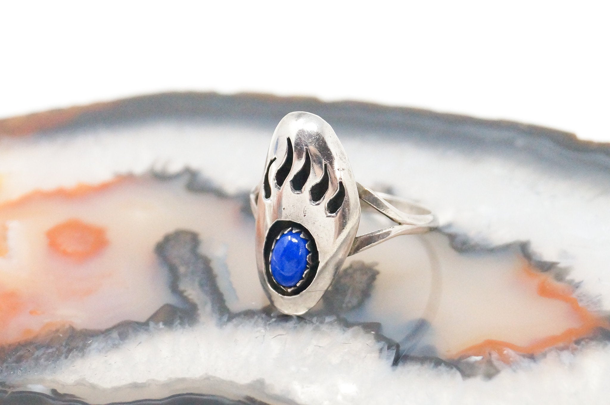 Vintage Native Lapis Lazuli Bear Paw Claw Cut Out Sterling Silver Ring Sz 8.25