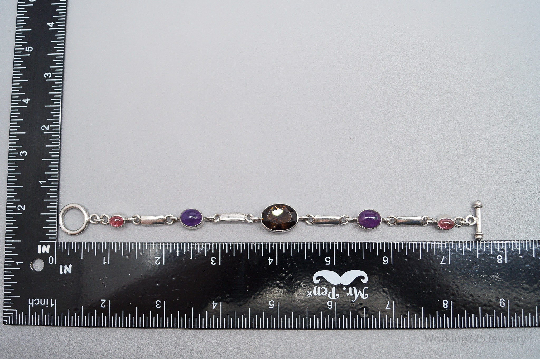 Vintage Smoky Topaz Amethyst & Pink Stone Sterling Silver Toggle Bracelet 7 5/8"