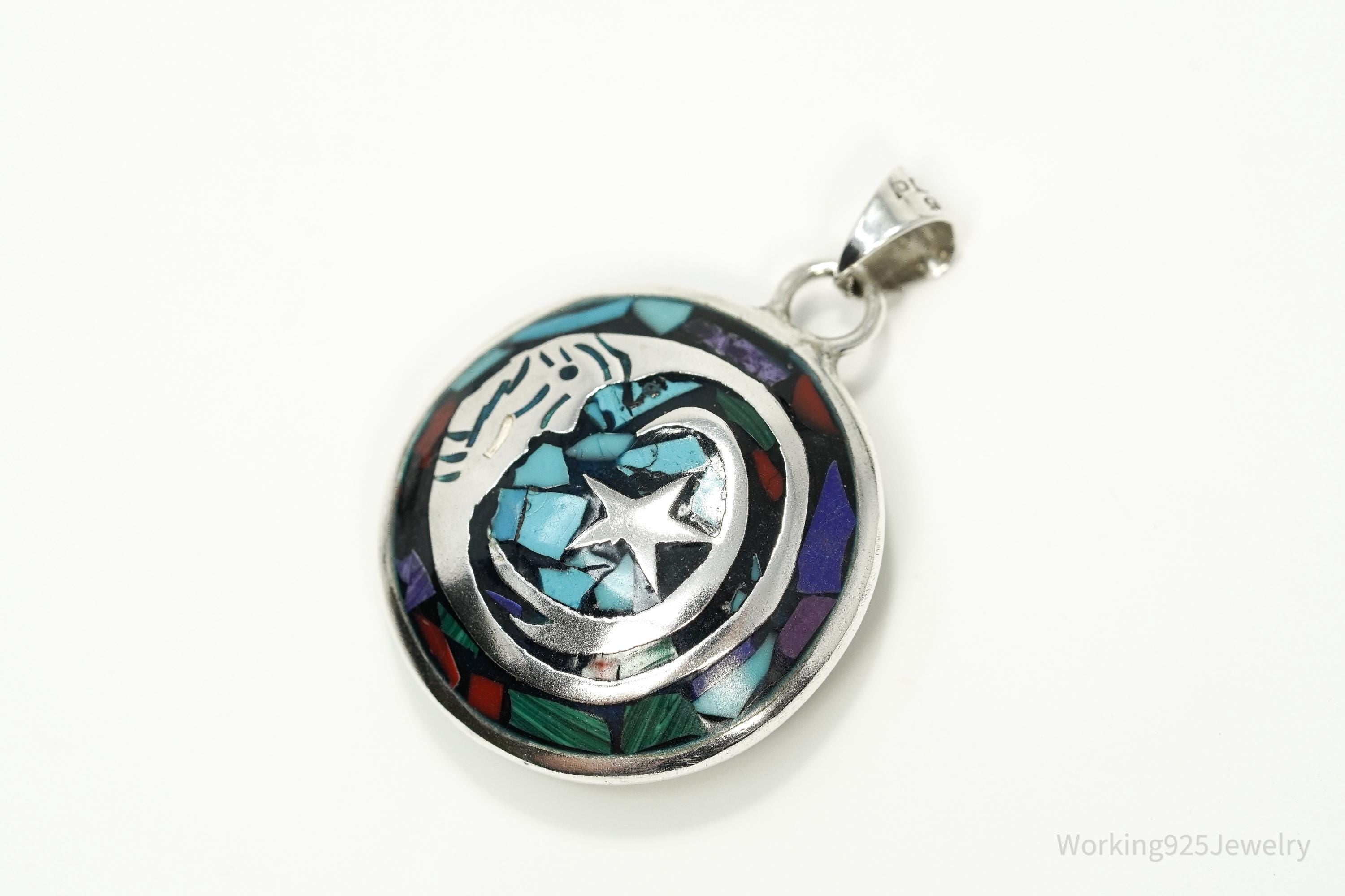 Vintage Double Sided Aztec Mayan Multi Gem Inlay Sterling Silver Pendant 1 11/16"