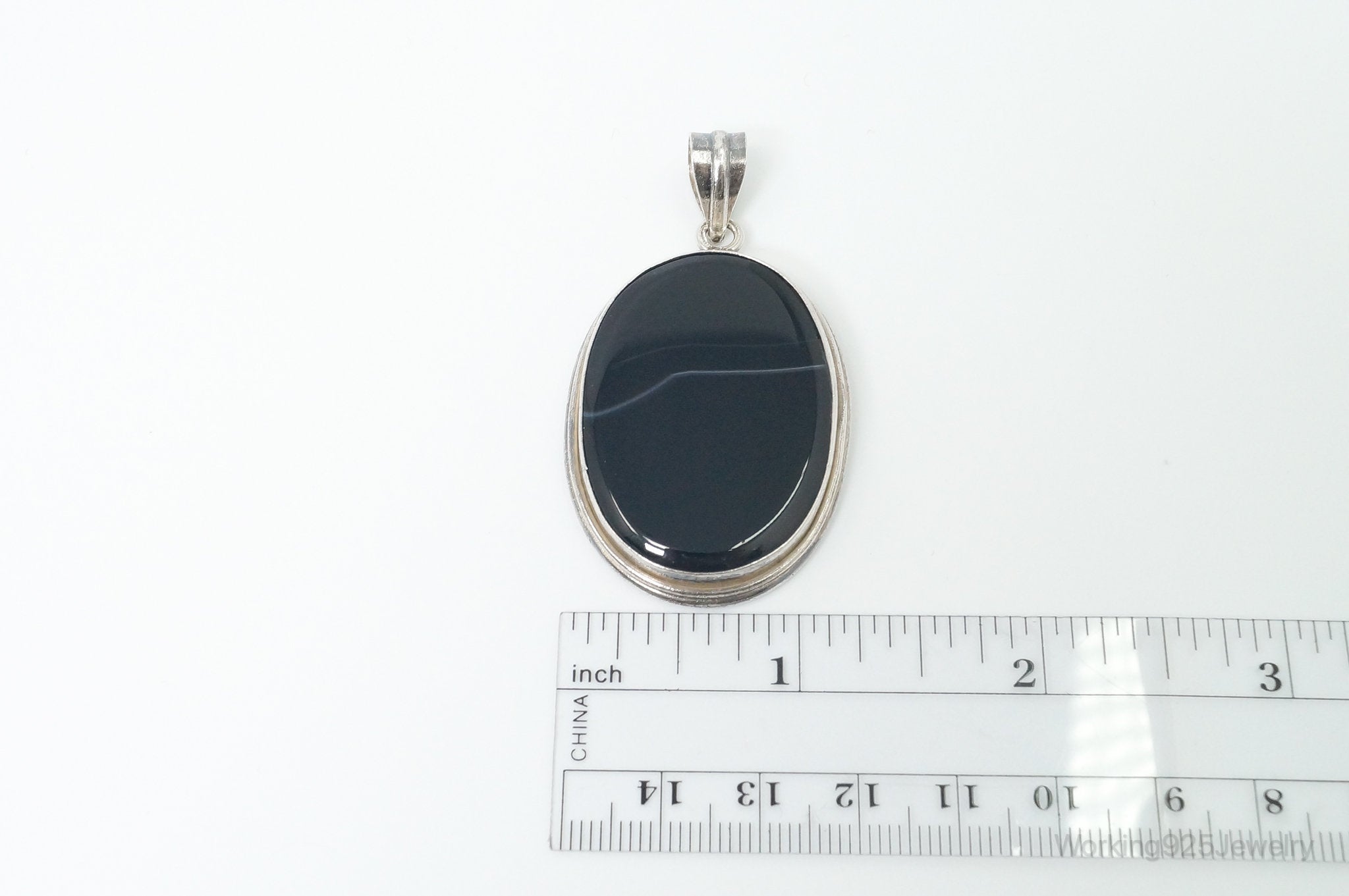 Vintage Large Black Lace Agate Sterling Silver Pendant