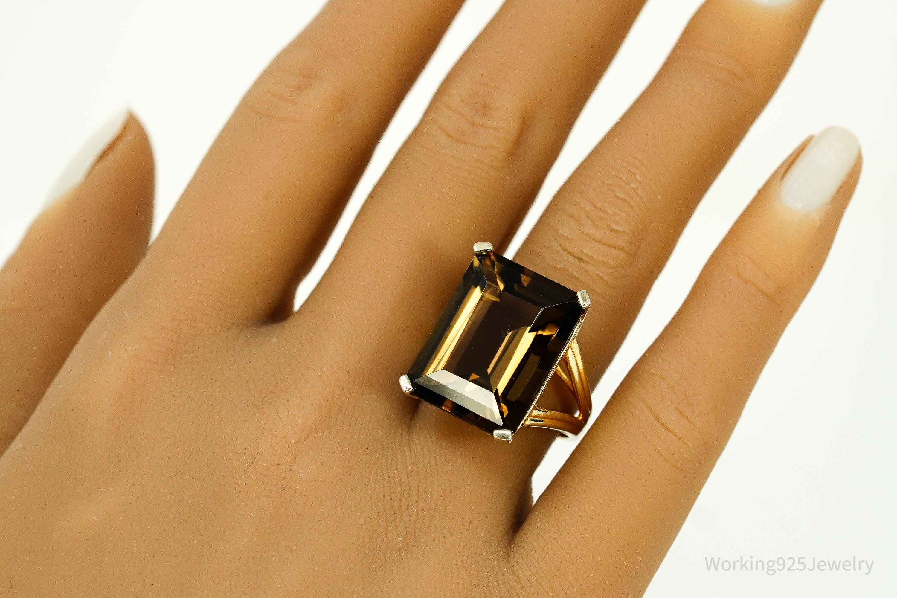 Vintage Large Smoky Topaz Gold Vermeil Sterling Silver Ring - Size 7.5