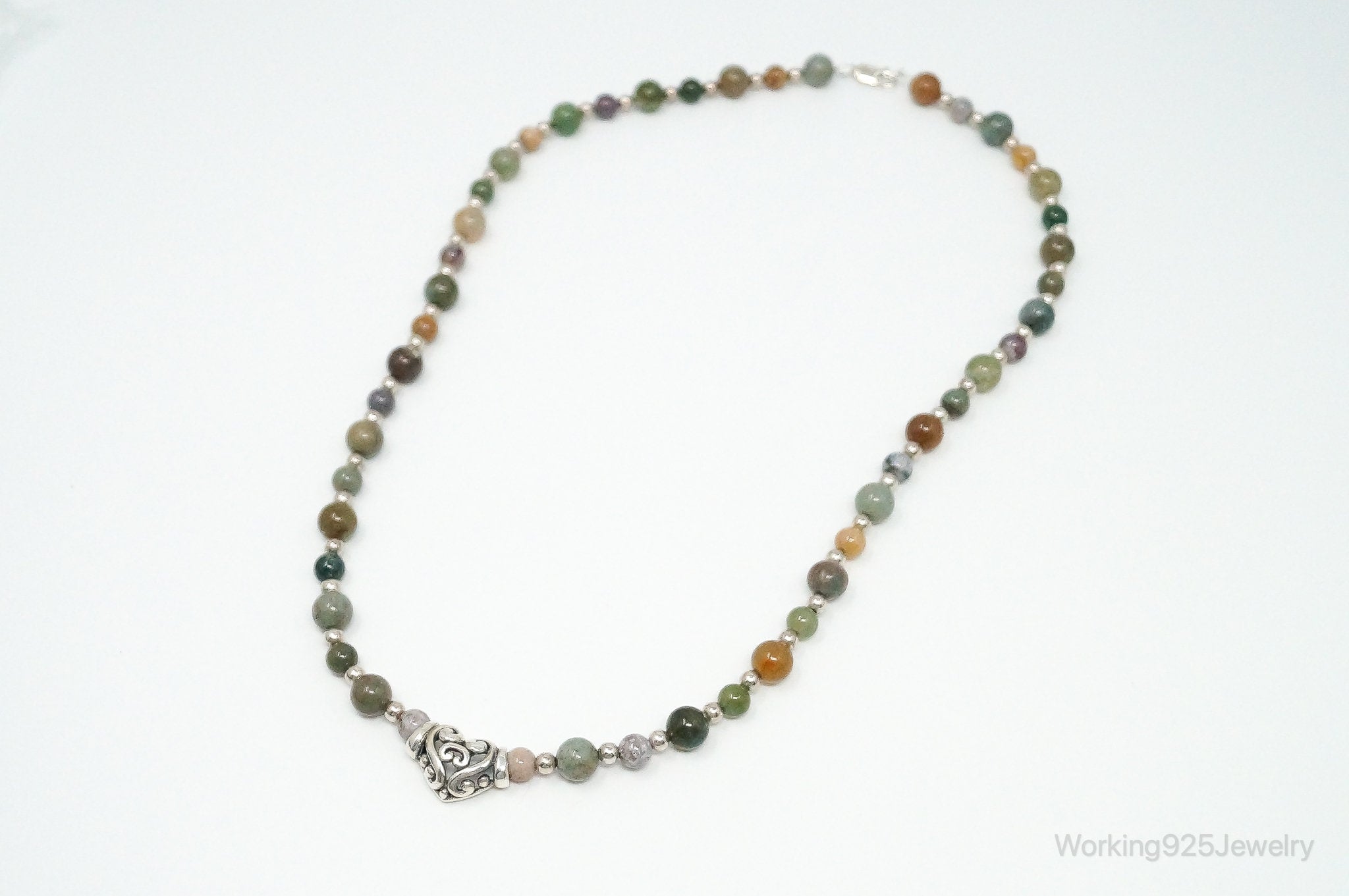 Vintage Multi Gem Agate Jasper Beads Sterling Silver Necklace