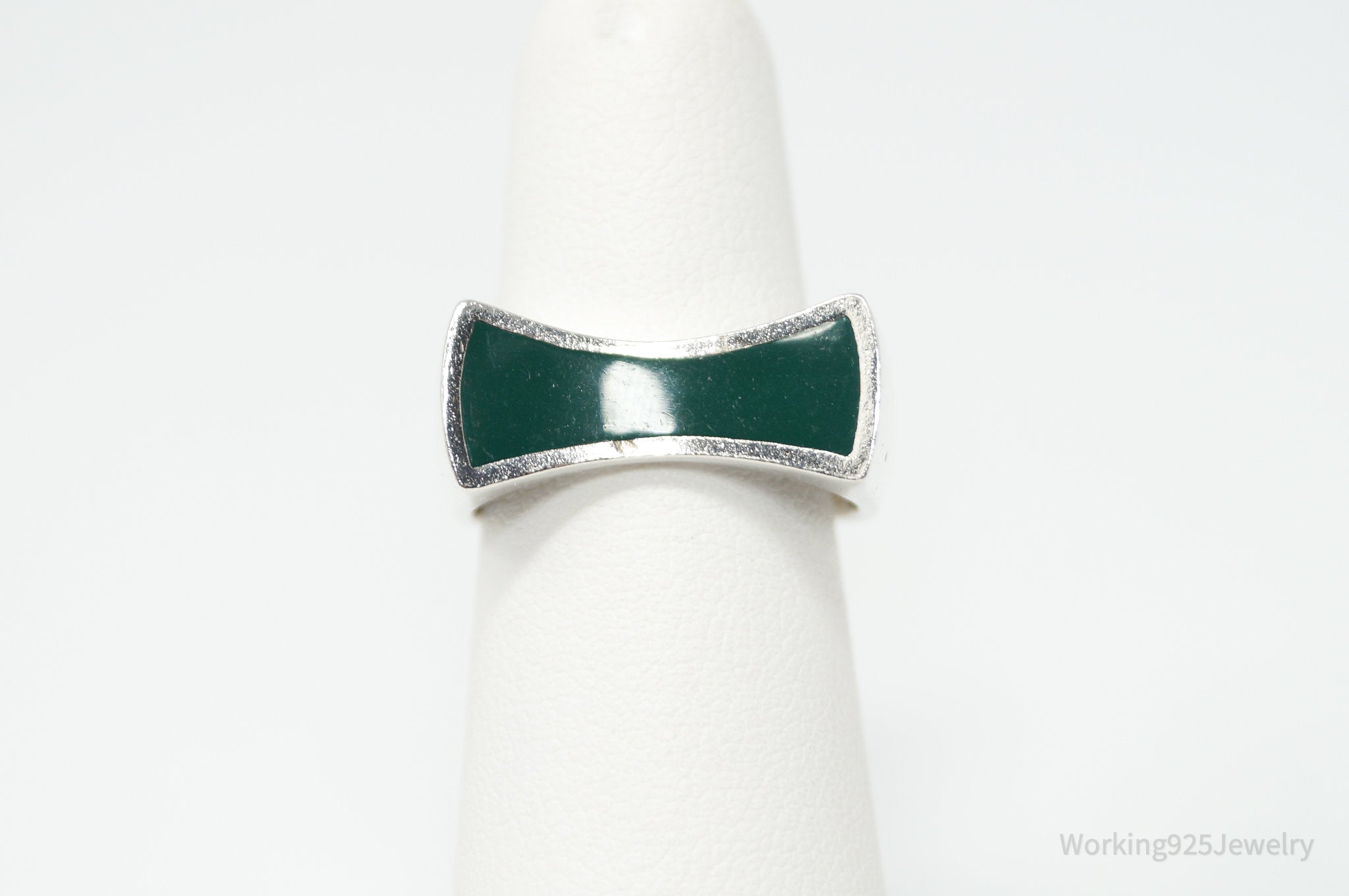 Vintage Norwegian Style Green Enamel Sterling Silver Ring - Size 5.25