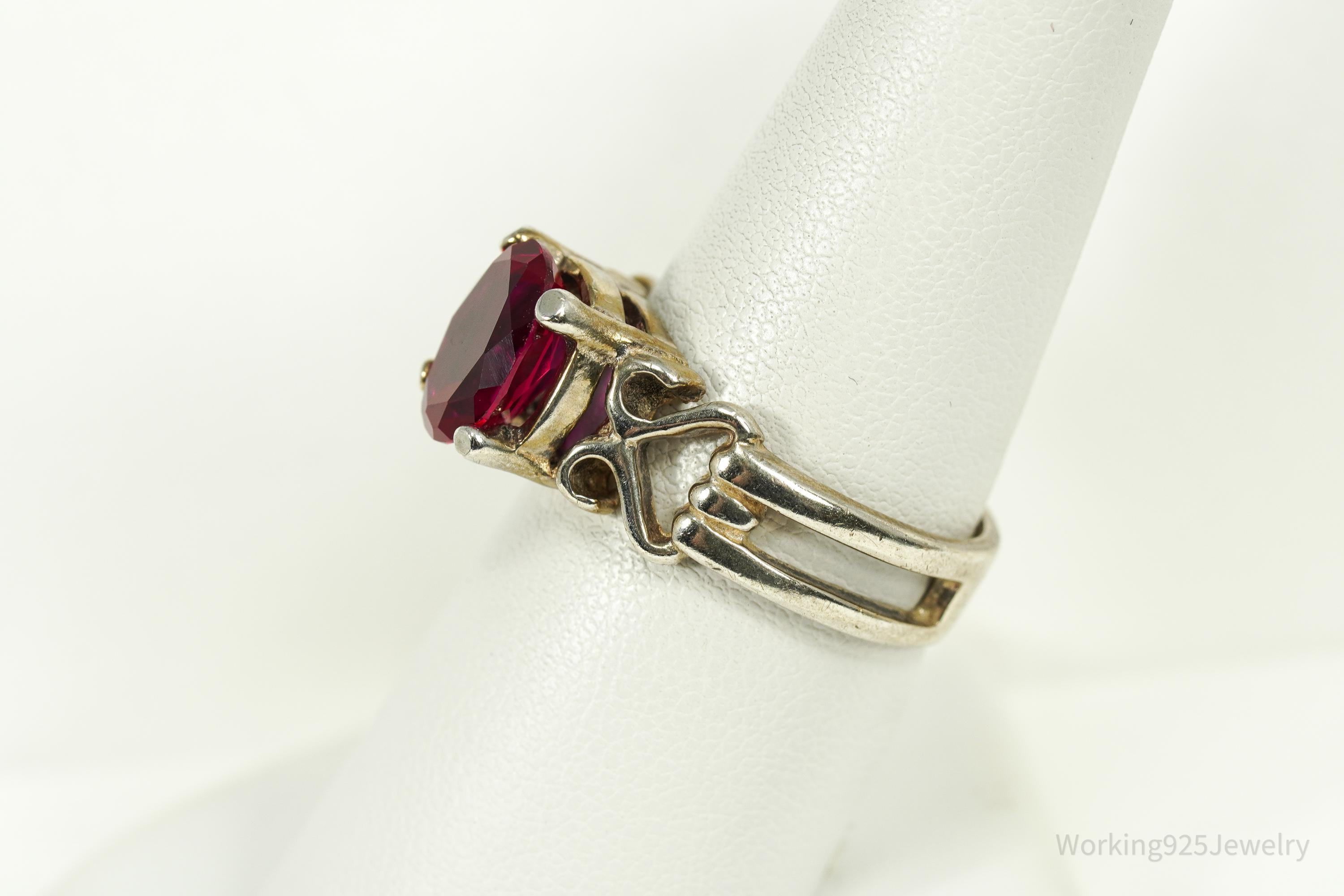Vintage Lab Ruby Sterling Silver Ring - Size 8.25