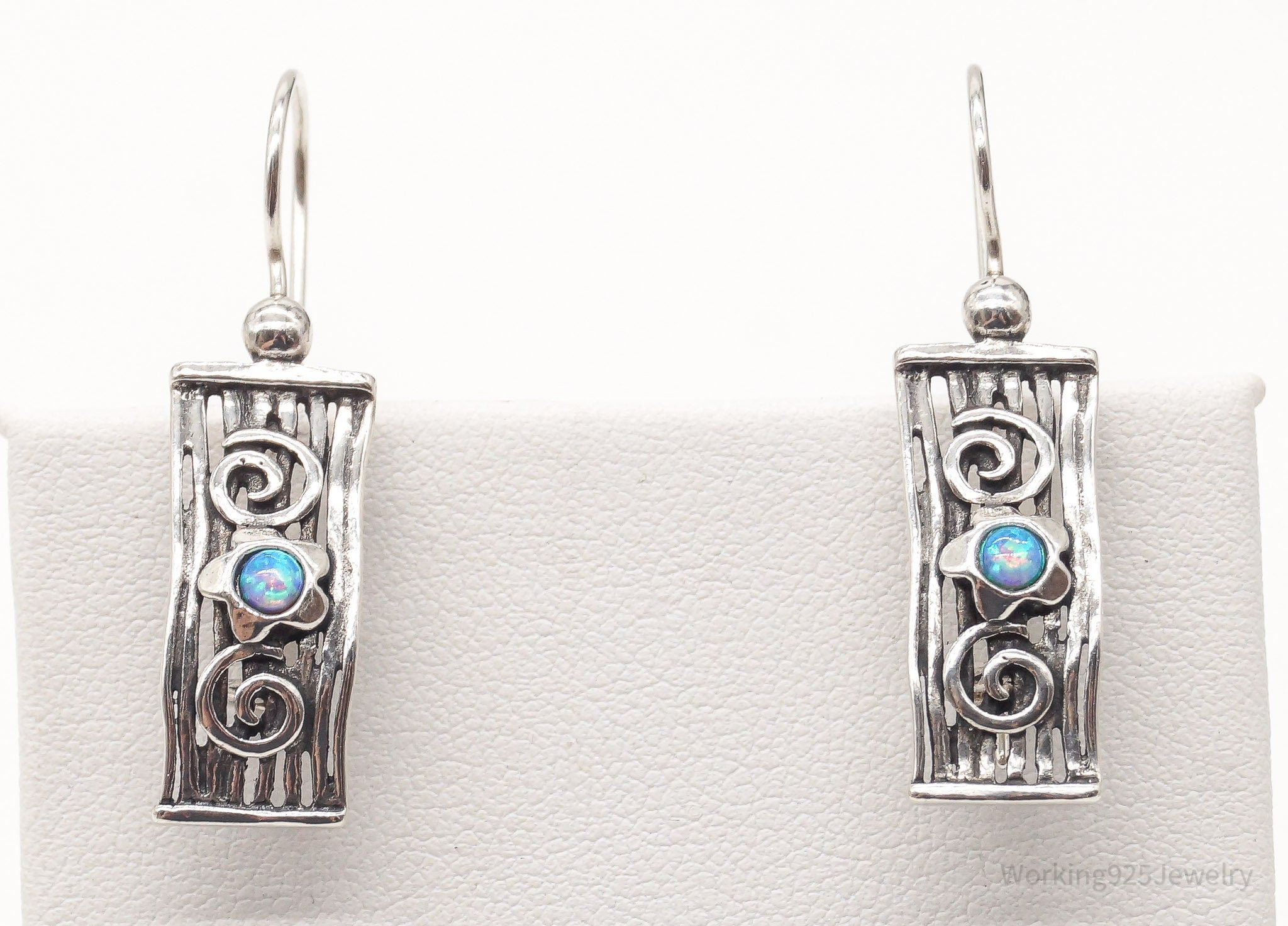 Vintage Blue Opal Flowers Sterling Silver Earrings