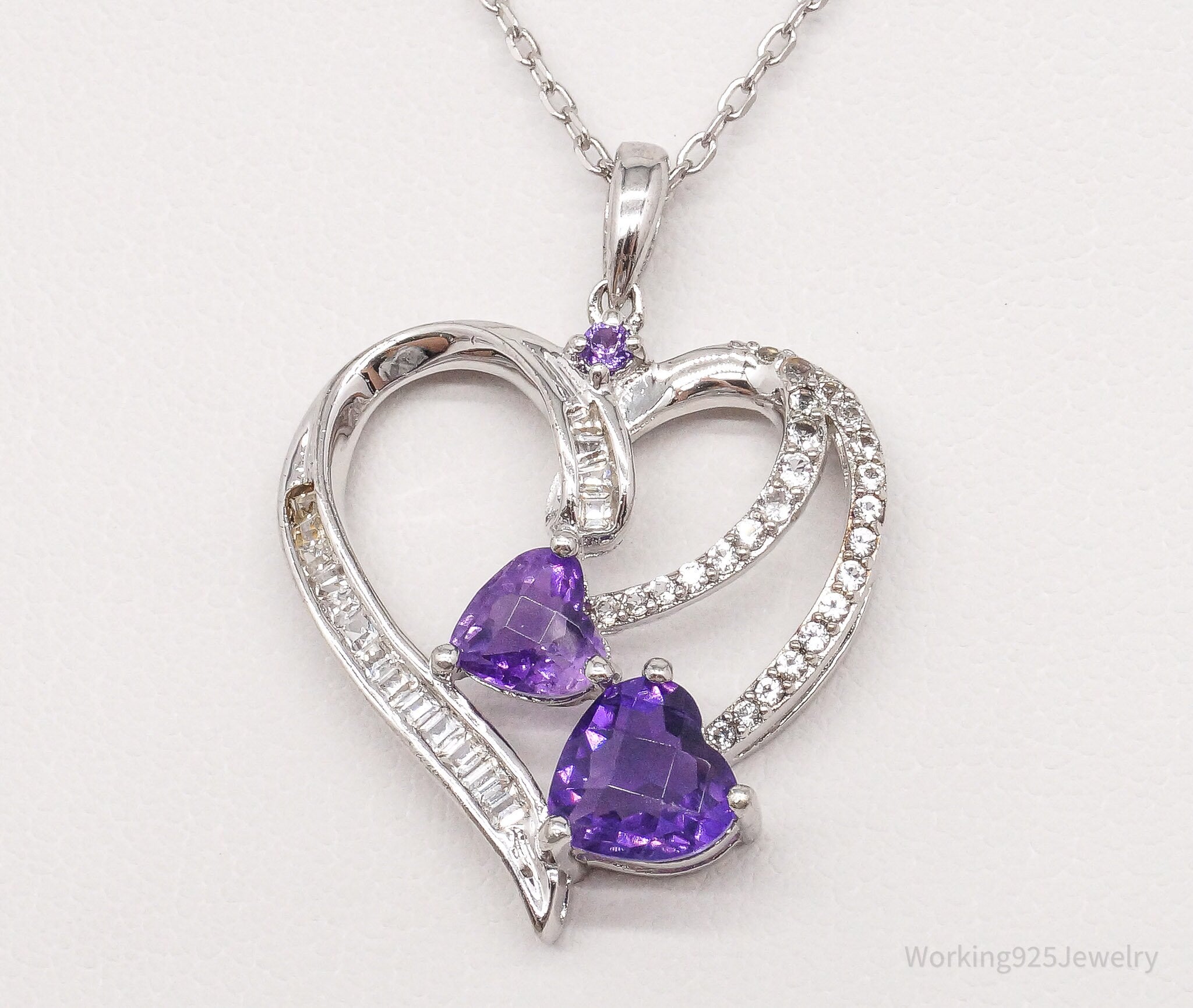 Vintage Amethyst Cubic Zirconia Heart Sterling Silver Necklace 16"