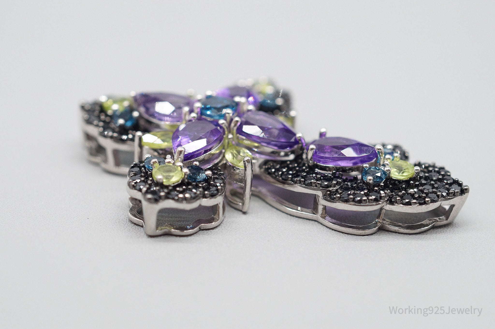 Large JTV DK Multi Gemstone Rhodium Over Sterling Silver Cross Pendant