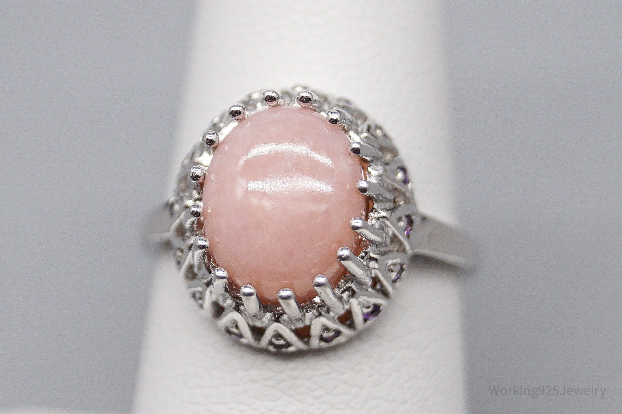 Vintage Pink Opal & Amethyst Sterling Silver Ring - Size 7