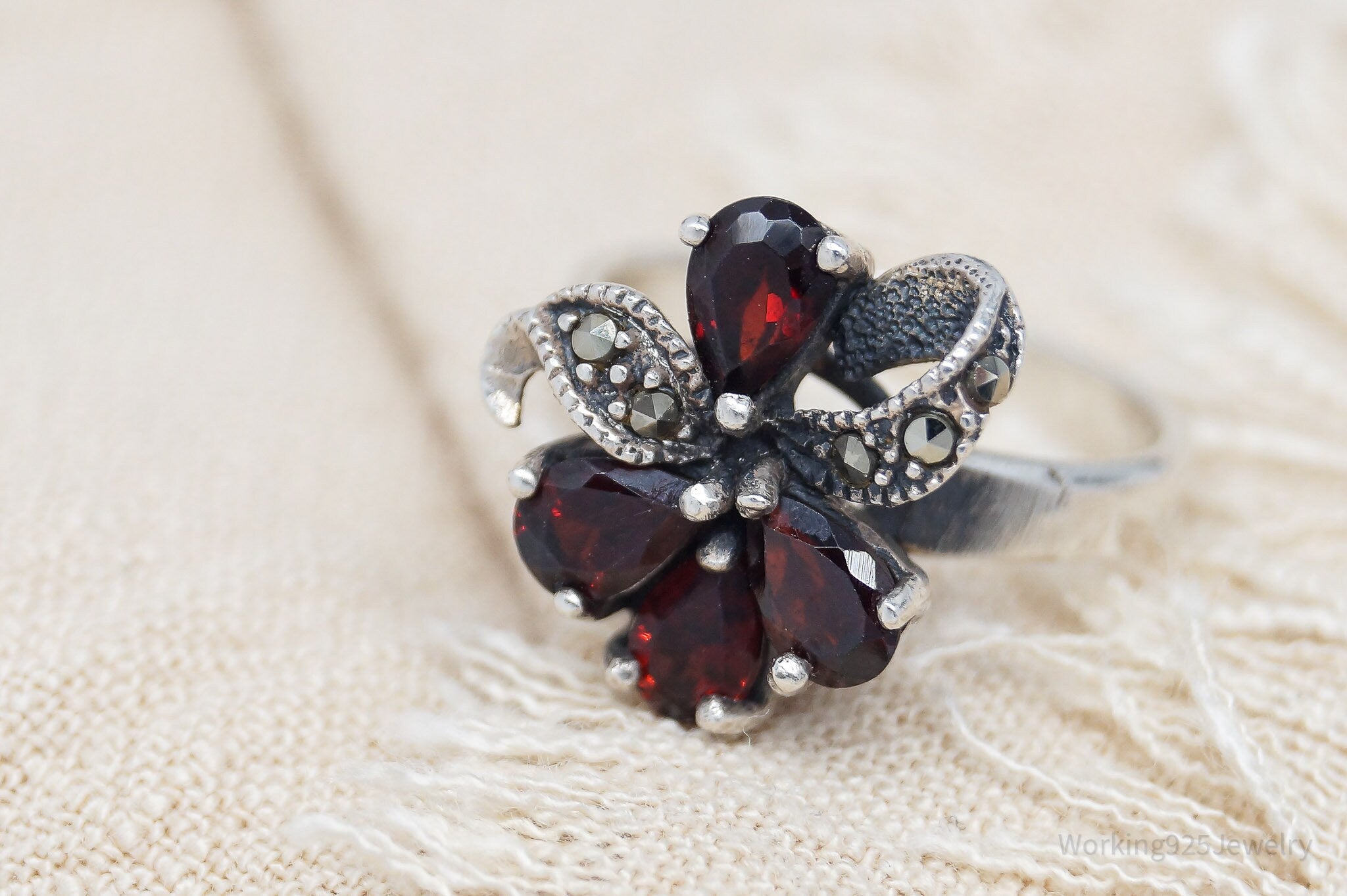 Vintage Garnet Marcasite Sterling Silver Ring - Size 7