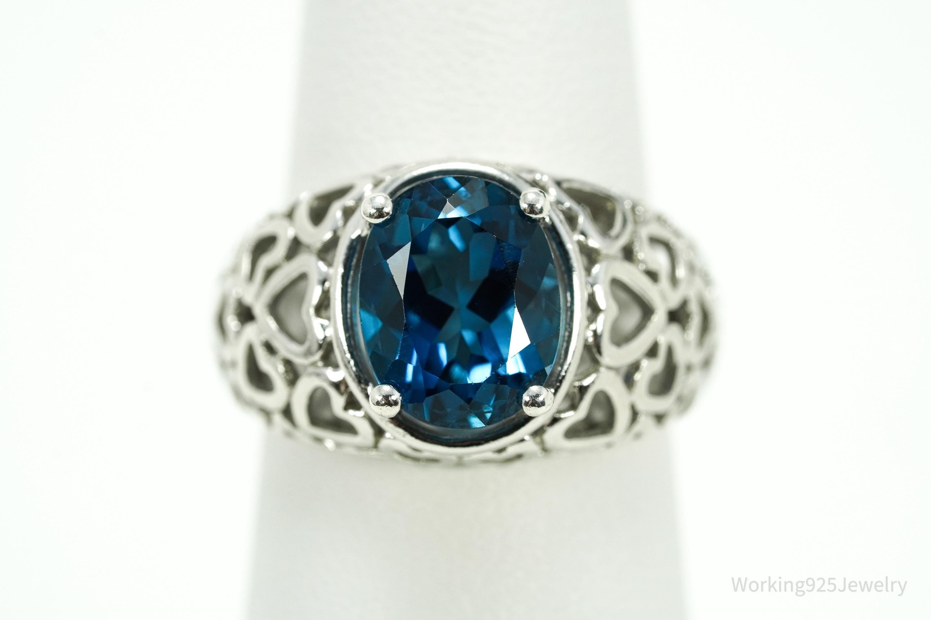 Vintage London Blue Topaz & Hearts Pattern Sterling Silver Ring - Size 6