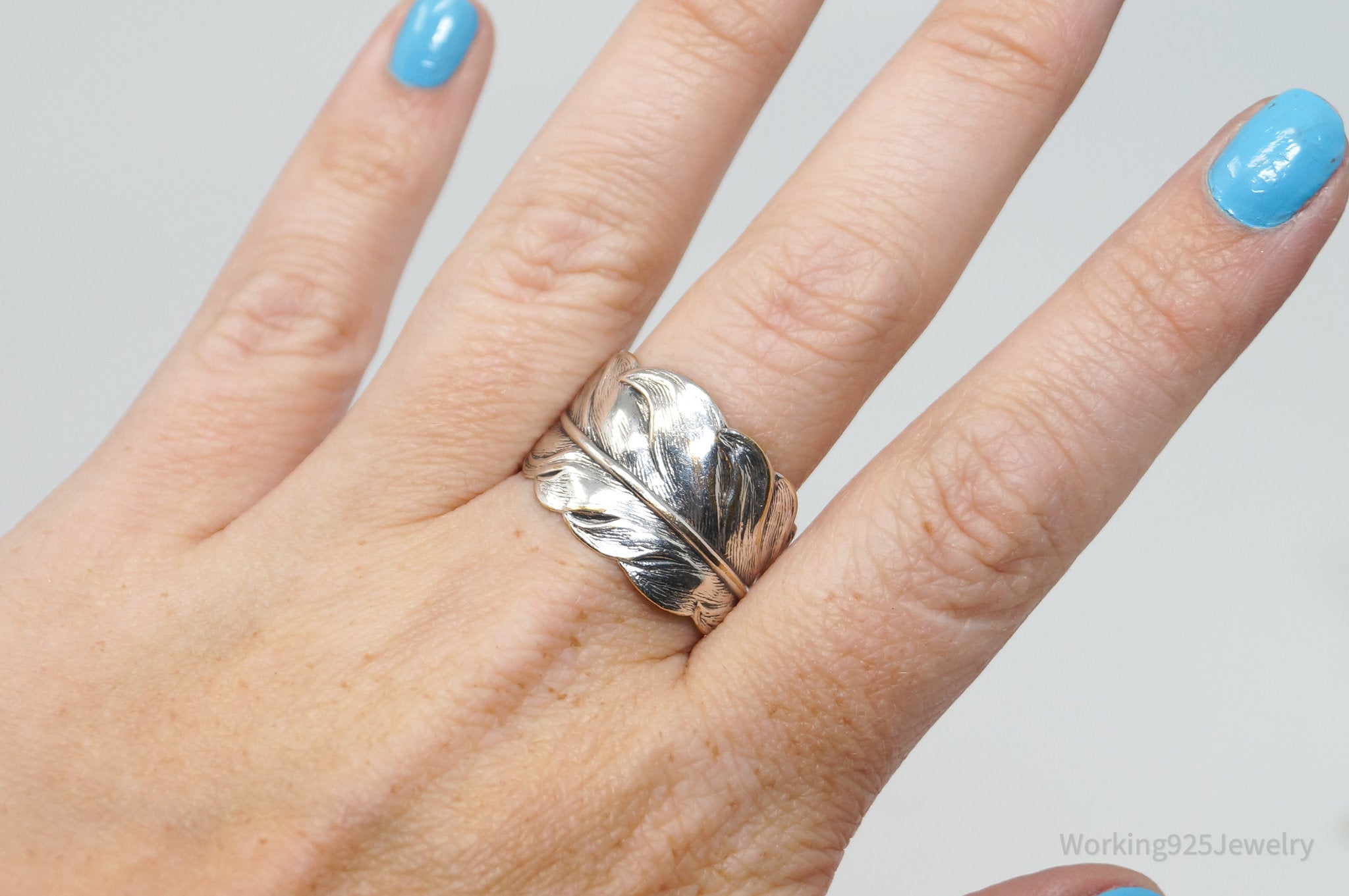 Vintage Large Feather Wrap Silver Plated Ring - Sz 11.25