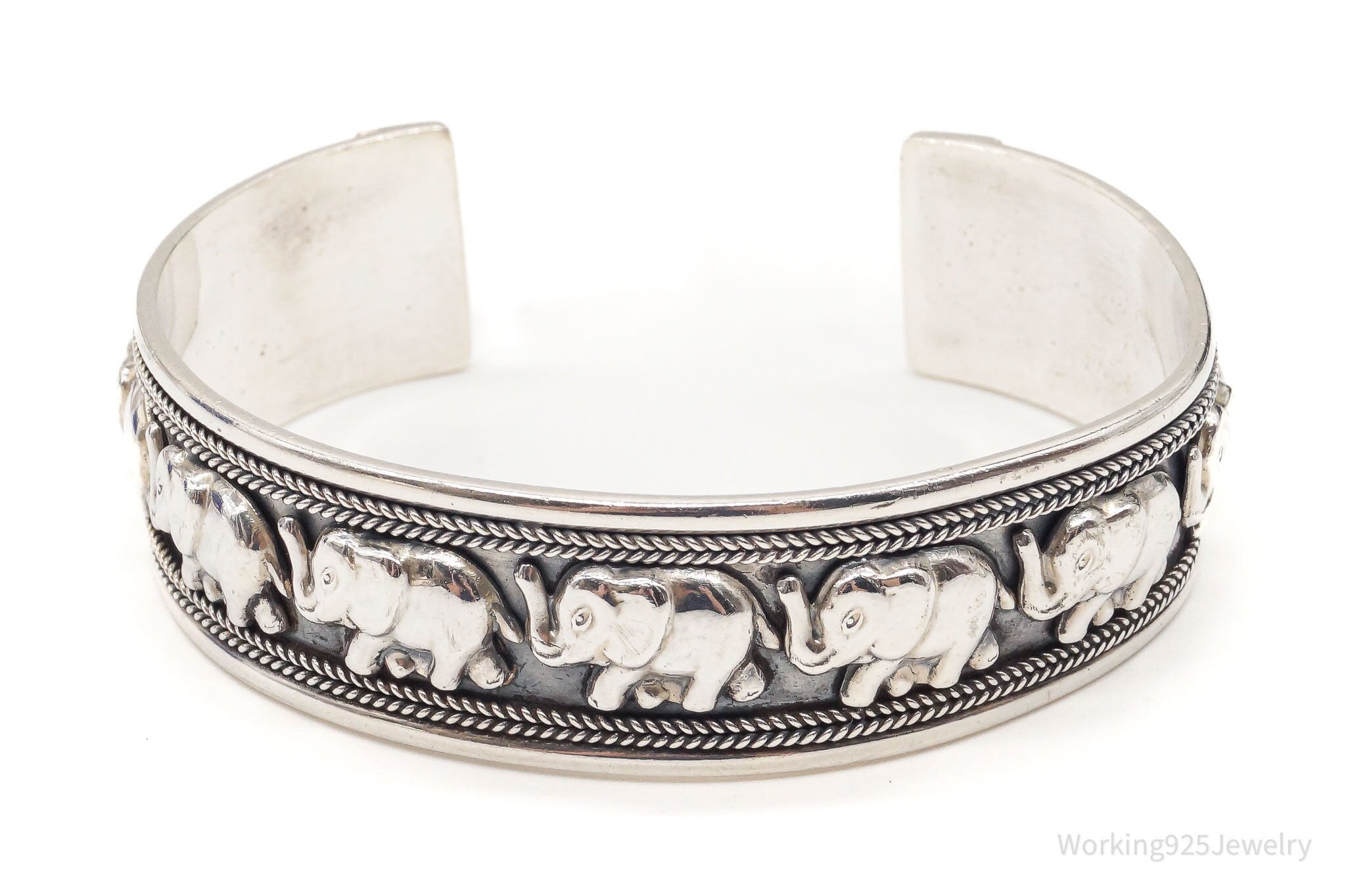 Vintage Safari Elephants Sterling Silver Cuff Bracelet