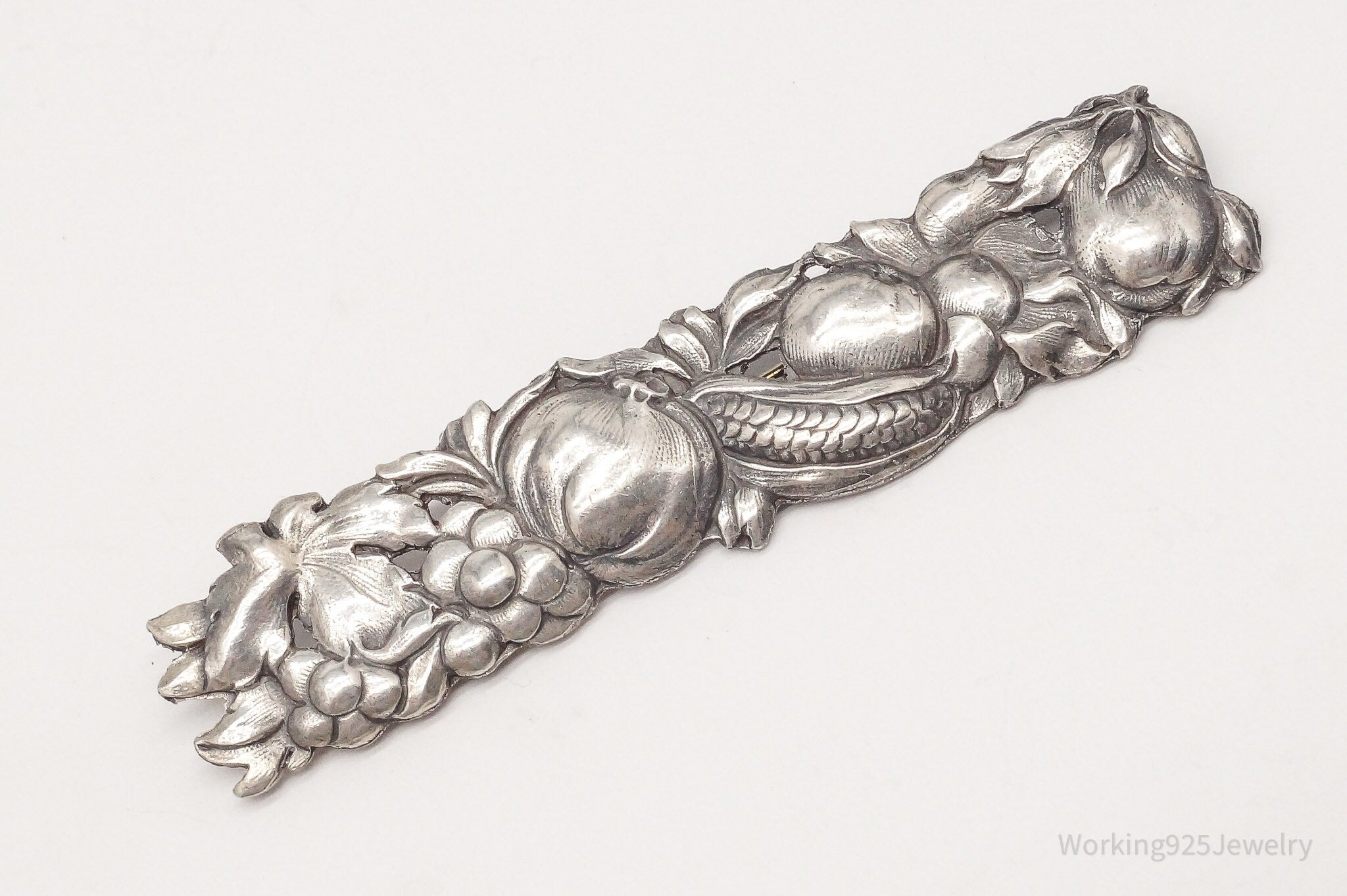 Large Rare Antique Vegetable Harvest Sterling Silver Repousse Brooch Pin