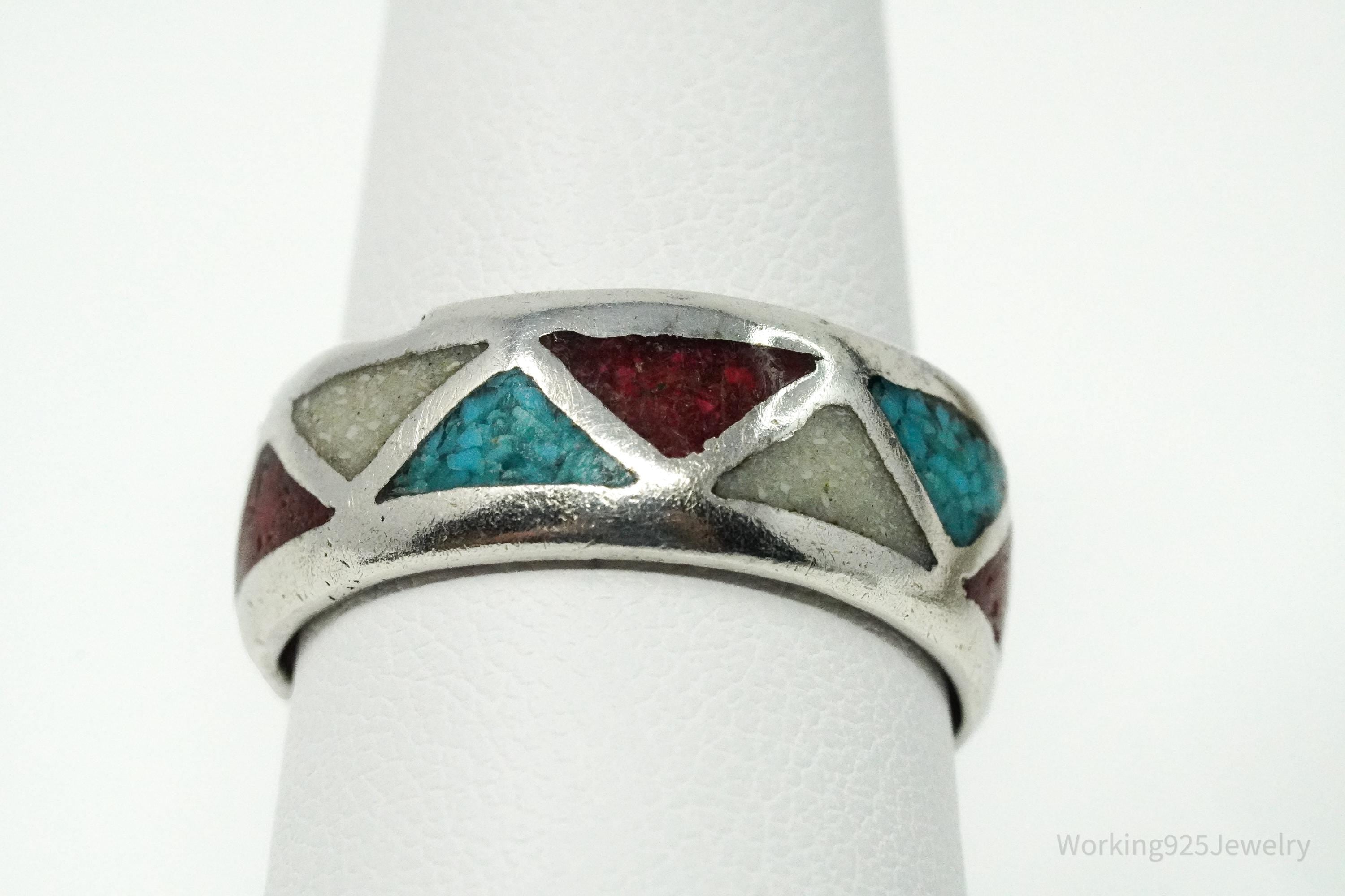 Vintage Native American Stone Inlay Unsigned Silver Ring - Size 7.25