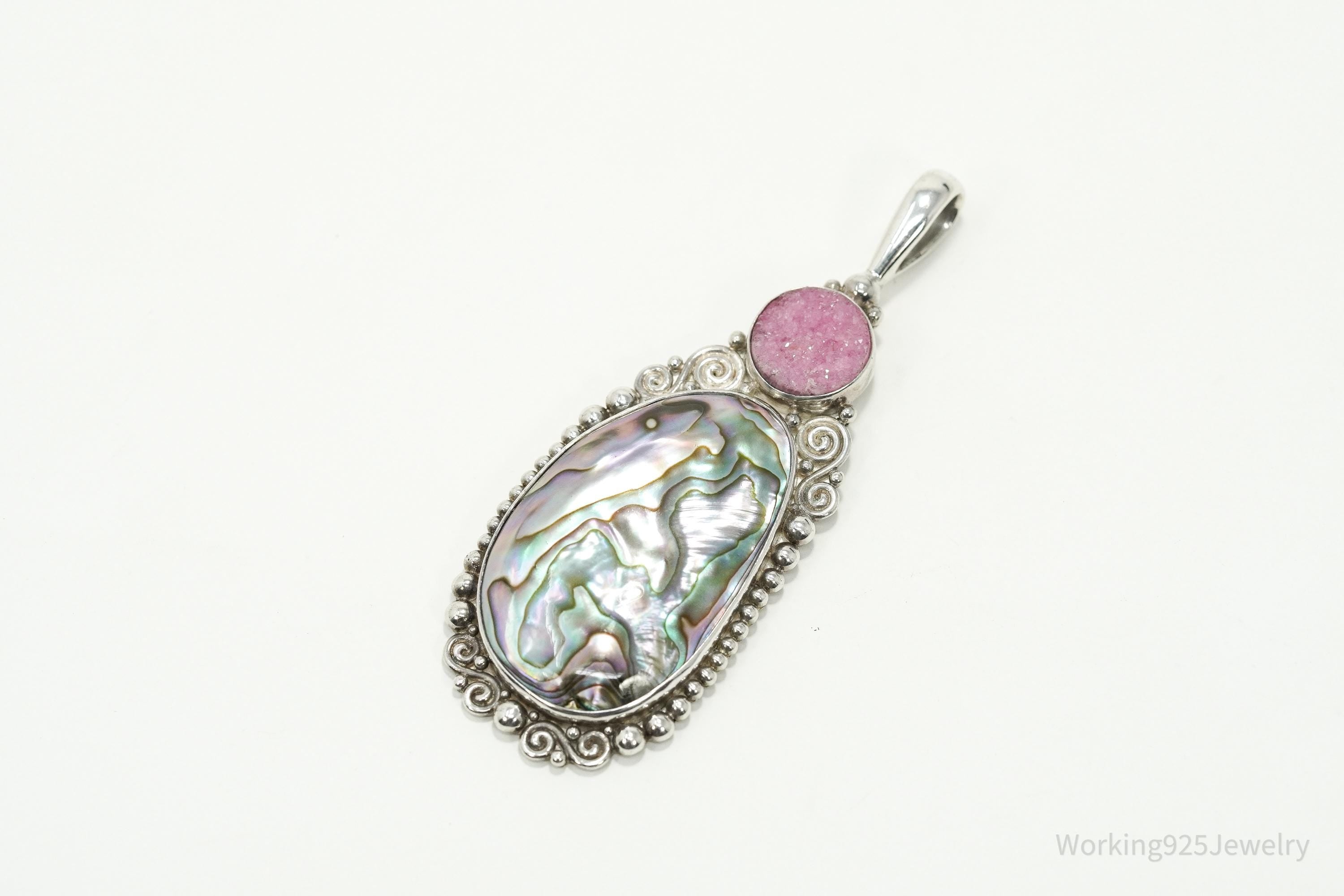 Vintage Designer SAJEN Paua Abalone & Pink Druzy Quartz Sterling Silver Pendant