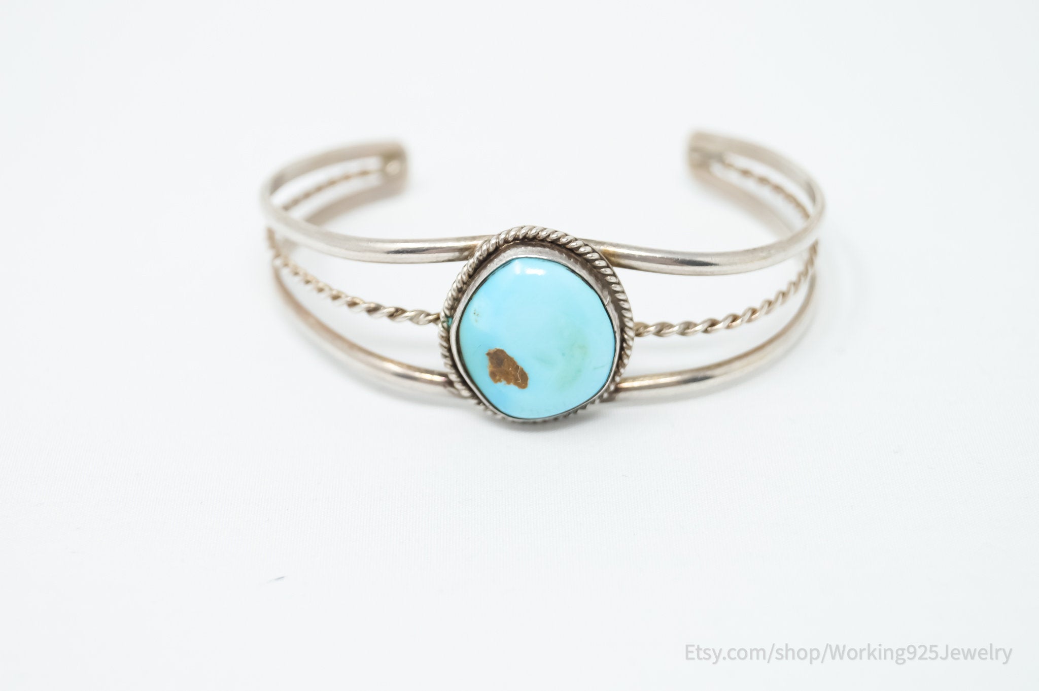 Vintage Native Handmade Unsigned Turquoise Sterling Silver Cuff Bracelet