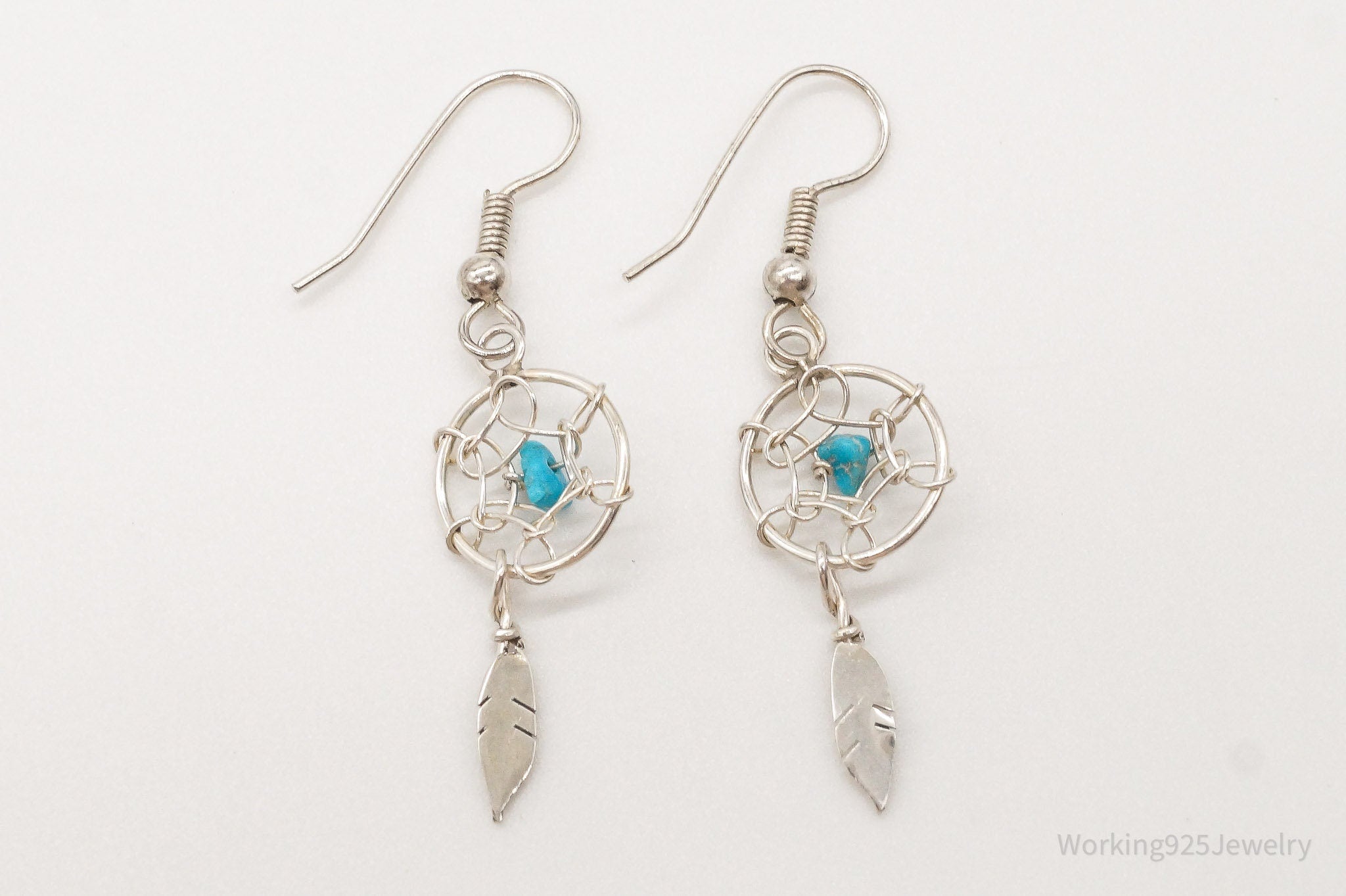 Vintage Native American Turquoise Dream Catcher Silver Earrings