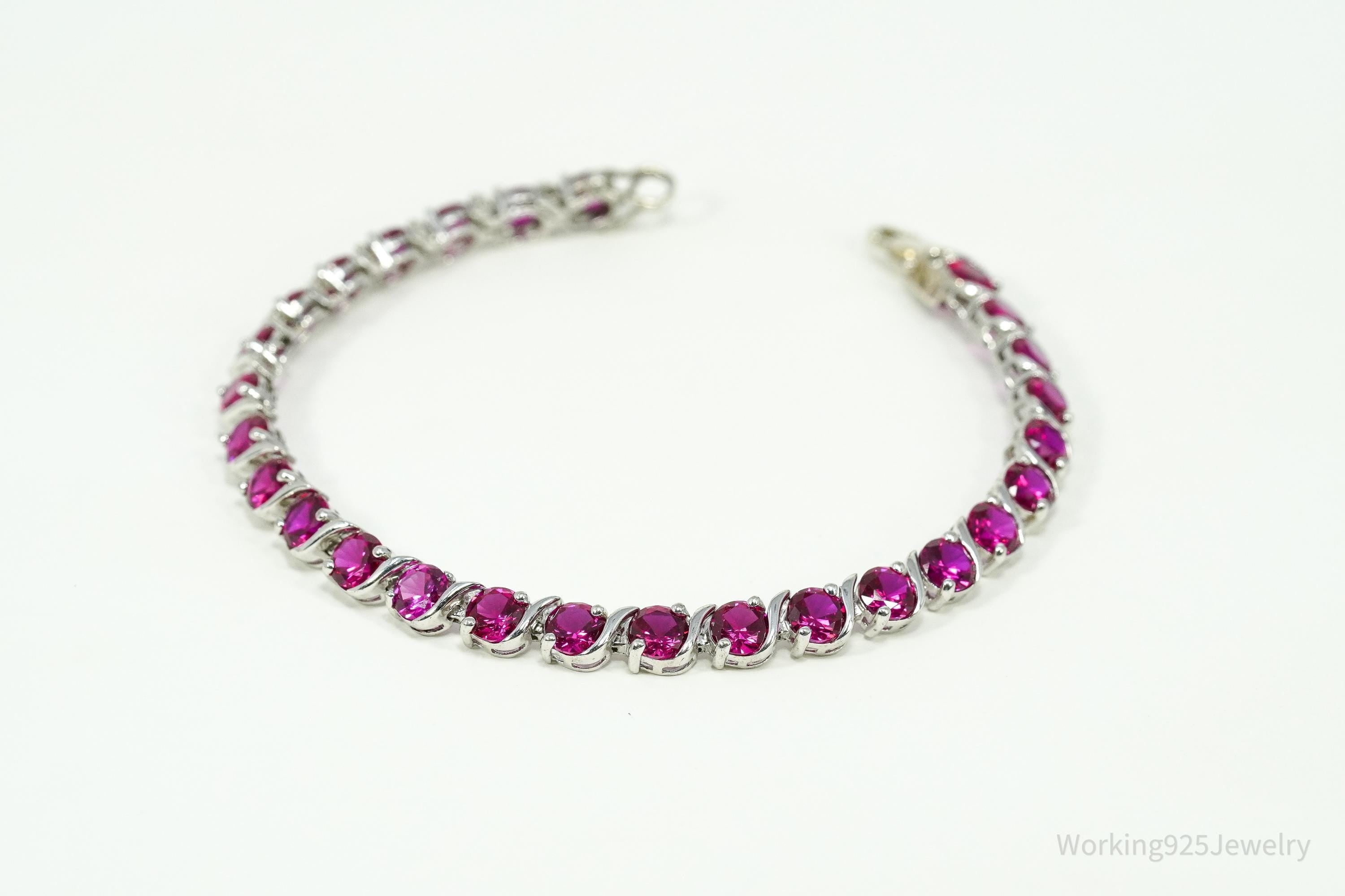 Vintage Lab Treated Ruby Sterling Silver Tennis Bracelet 7 5/8"