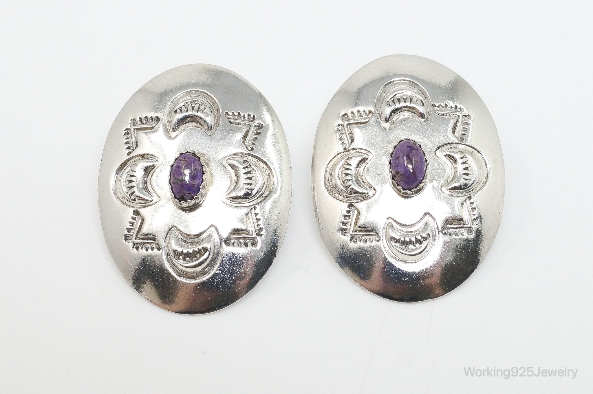 Vintage Native American Handmade Charoite Sterling Silver Earrings