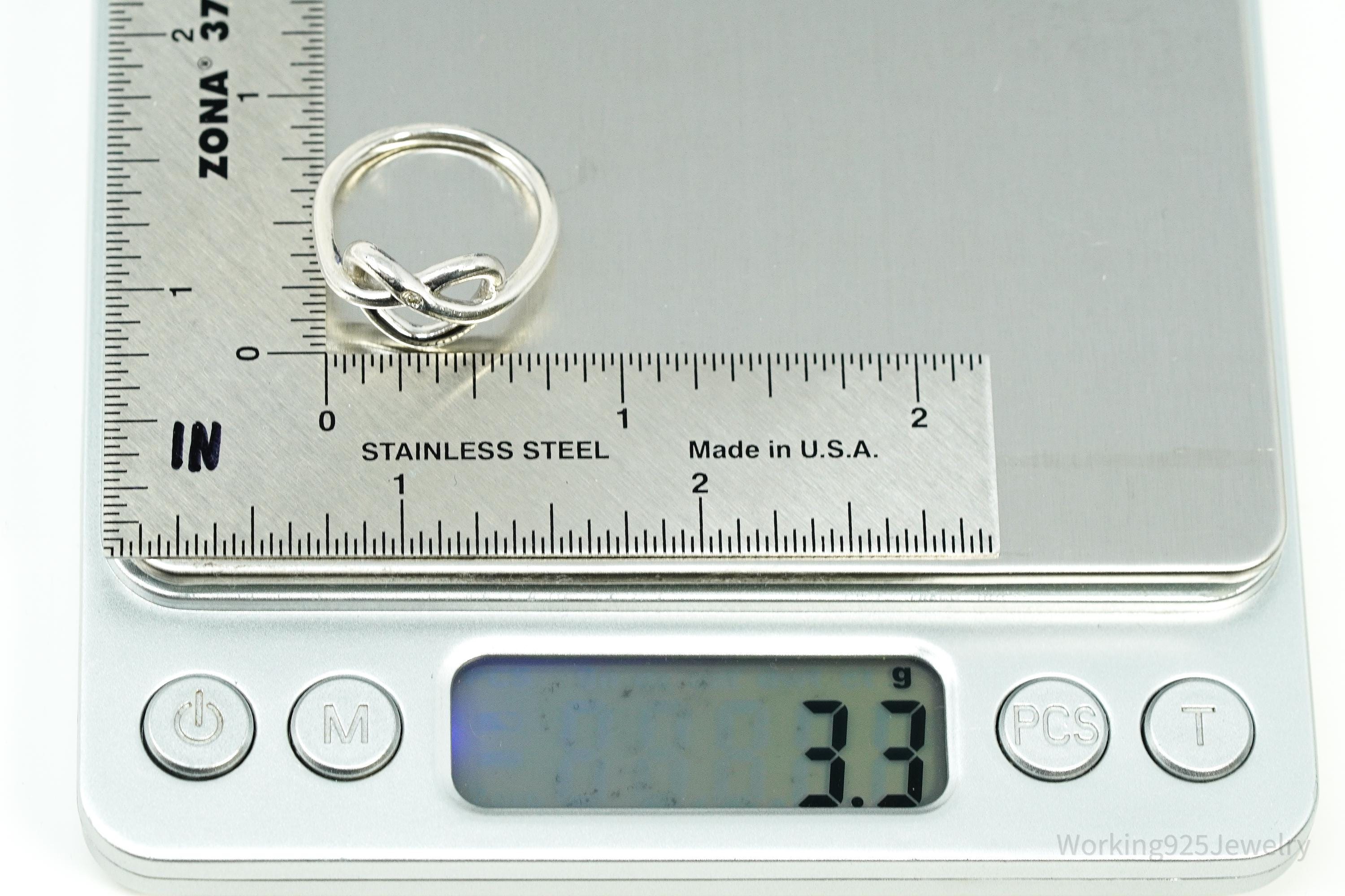 Vintage HDIA Single Diamond Heart Knot Sterling Silver Ring - Size 7.5