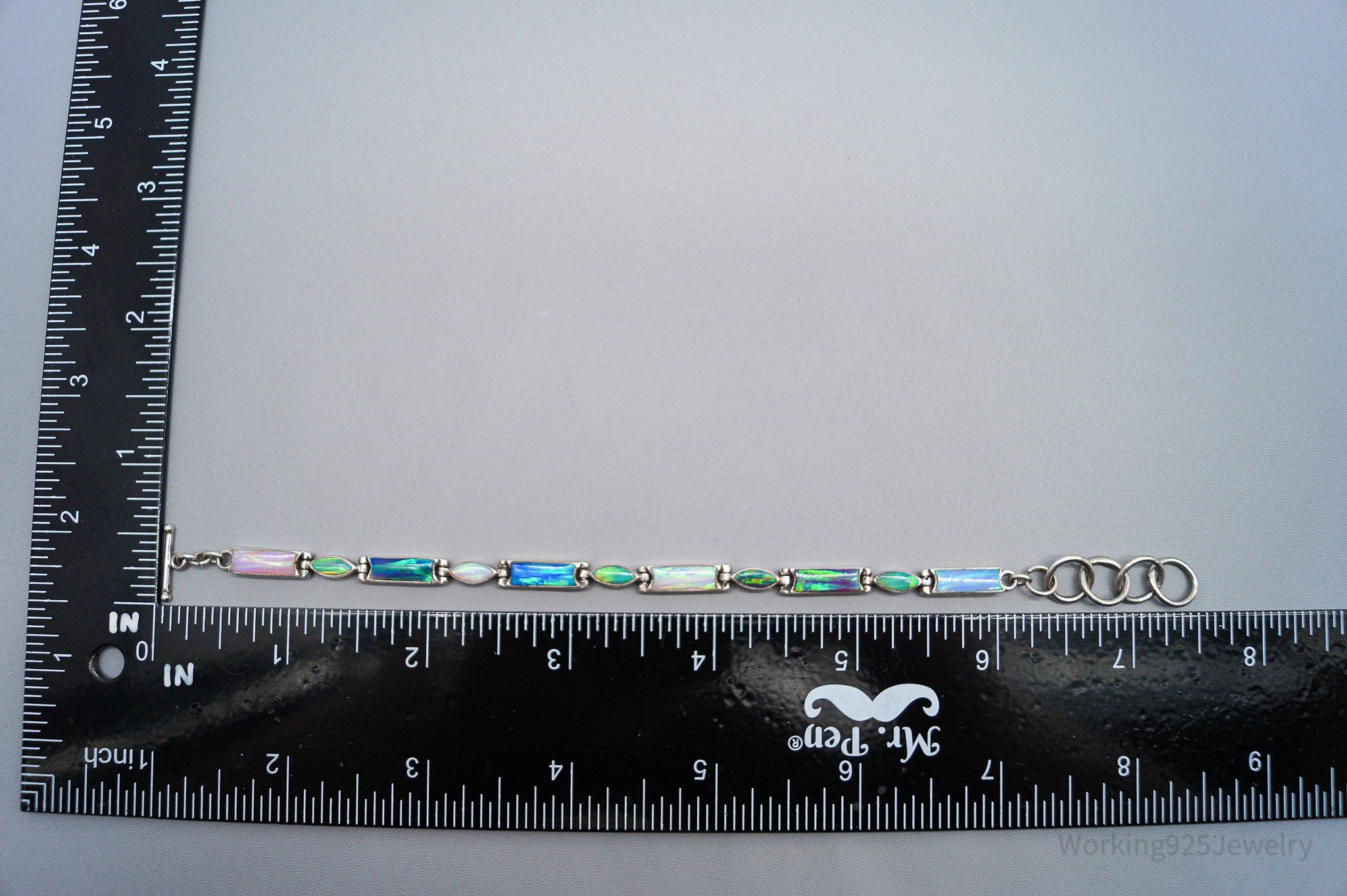 Vintage Opal Inlay Sterling Silver Bracelet - 7.5"
