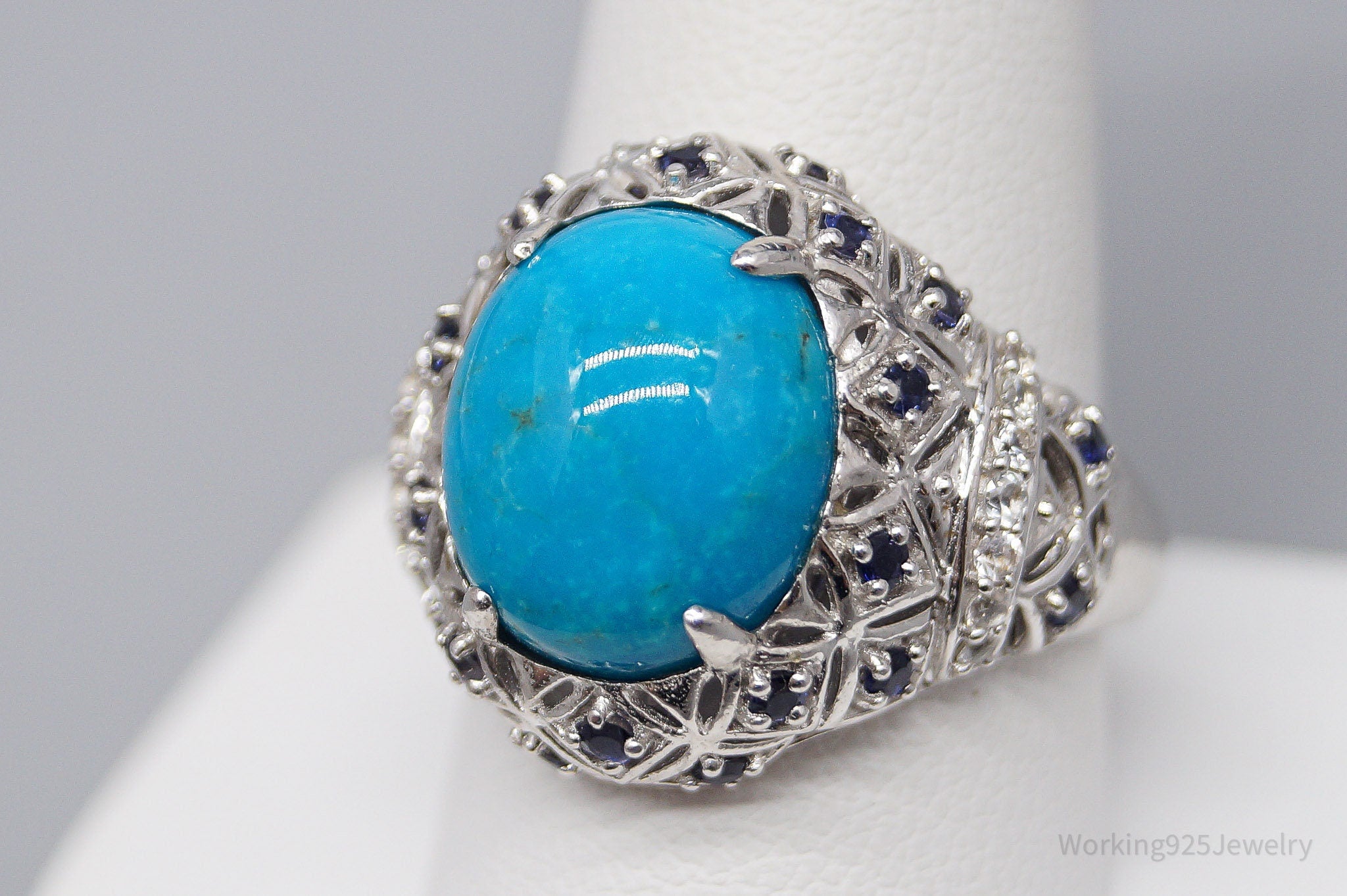 Vintage Turquoise Iolite Cubic Zirconia Sterling Silver Ring - Size 10