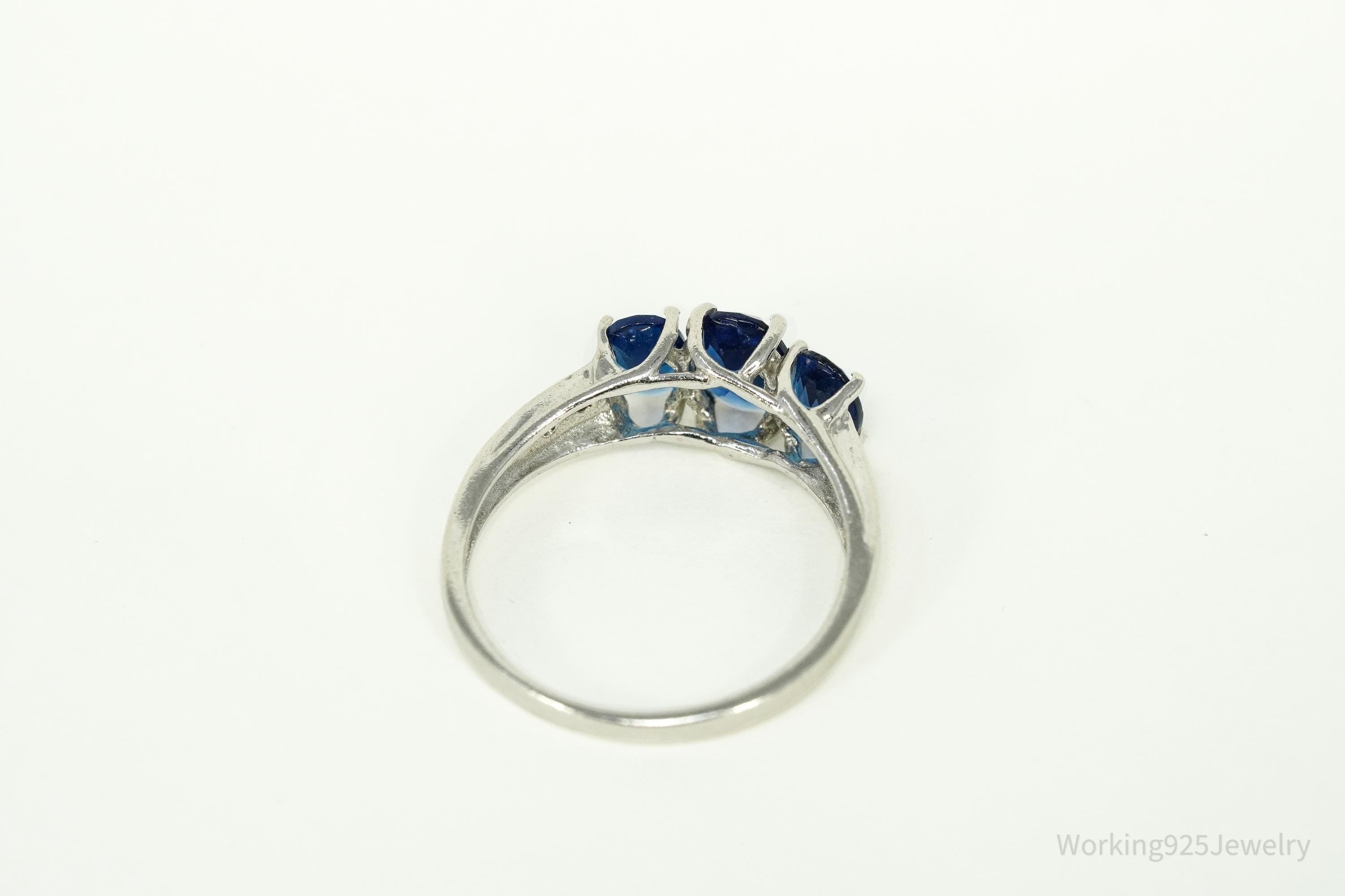 Vintage Blue Simulated Sapphires & 2 Diamonds Sterling Silver Ring - Size 7.25