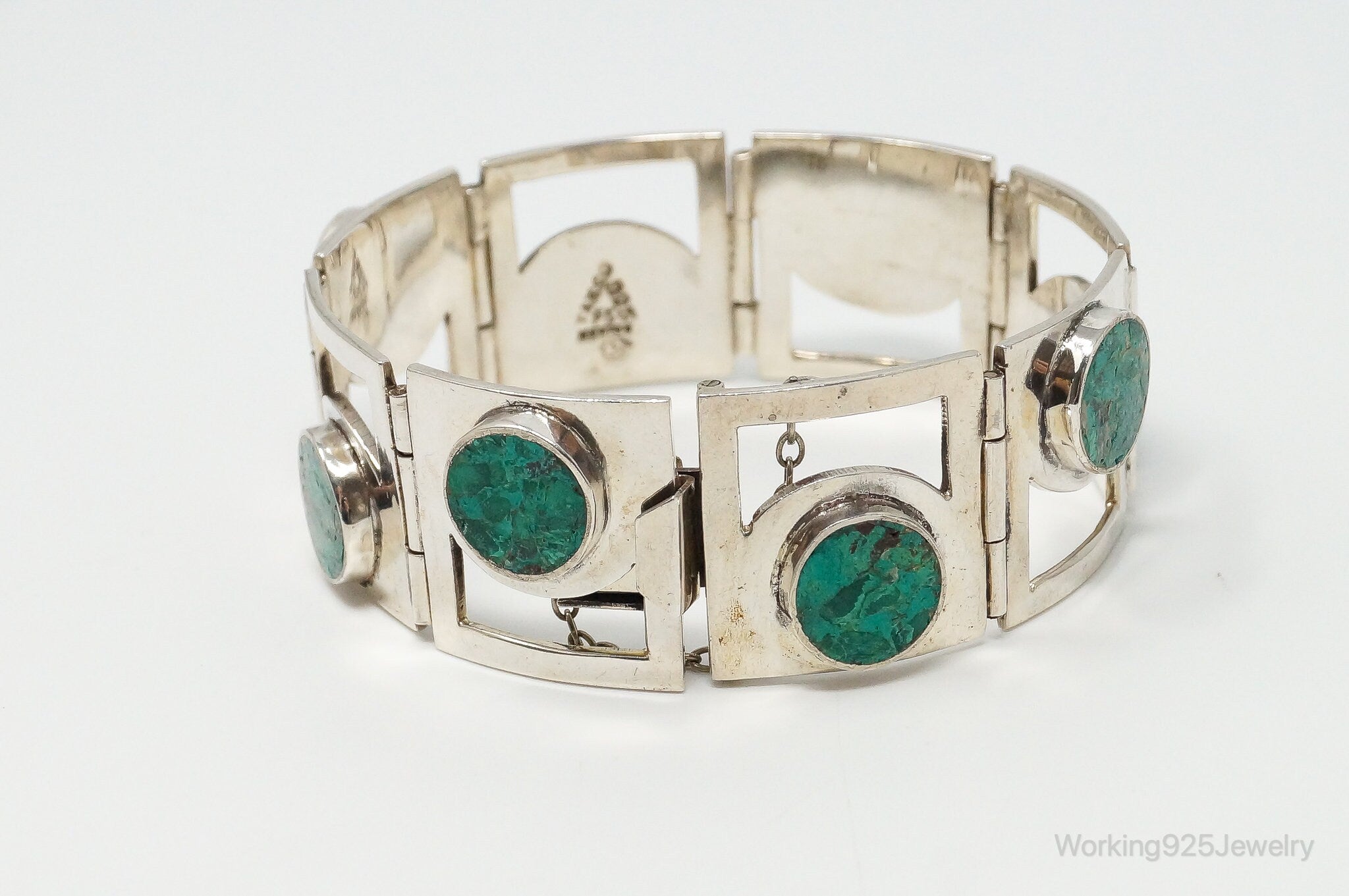 Vintage Taxco Designer Crushed Turquoise Sterling Silver Panel Bracelet