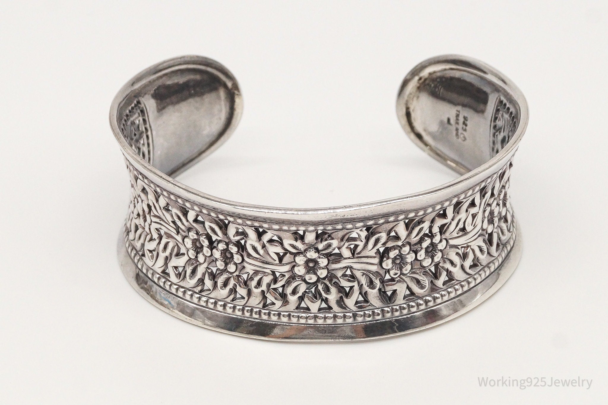 Vintage Thai Designer Floral Pattern Oxidized Sterling Silver Cuff Bracelet