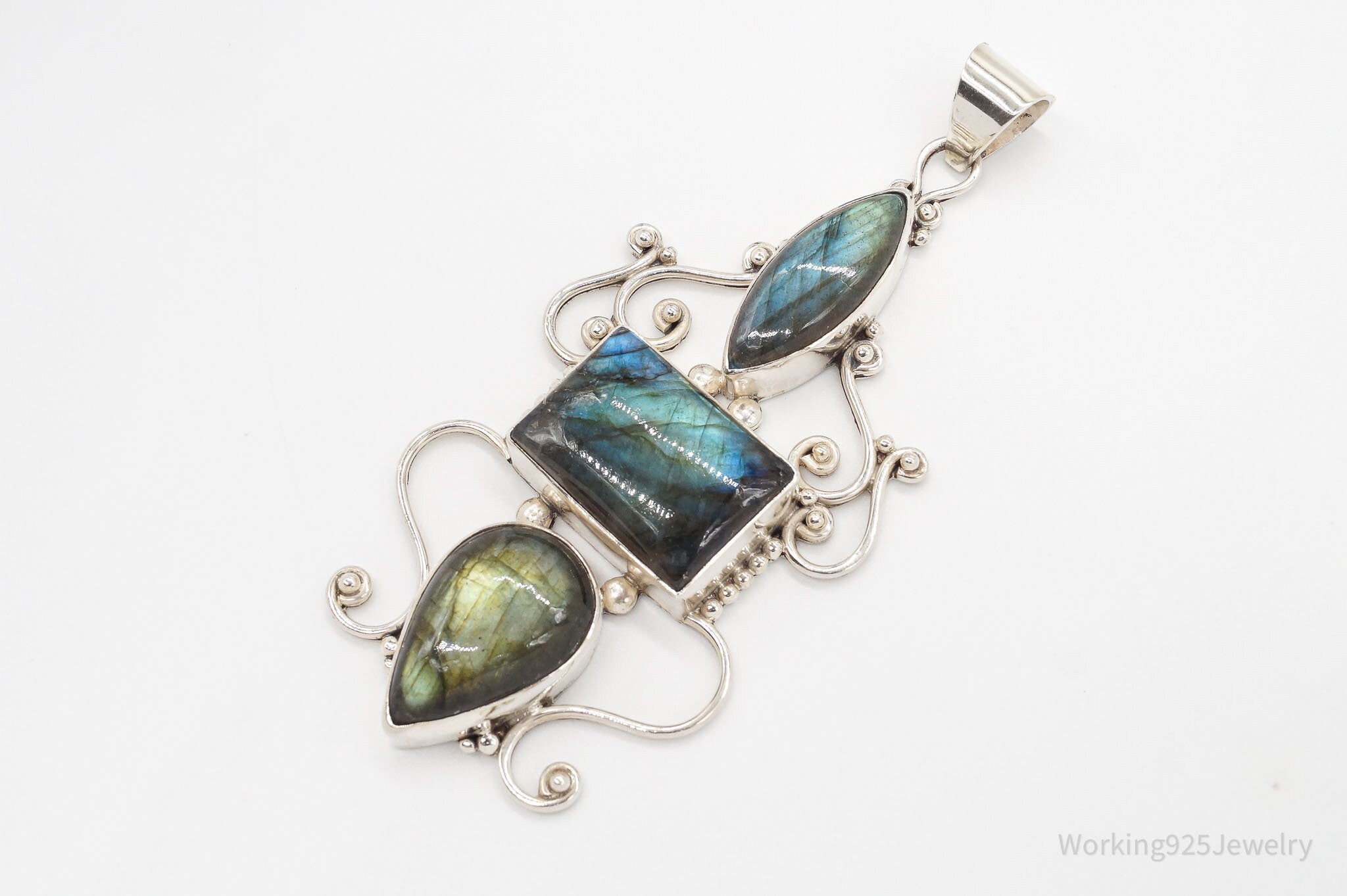 Vintage Large Labradorite Sterling Silver Necklace Pendant