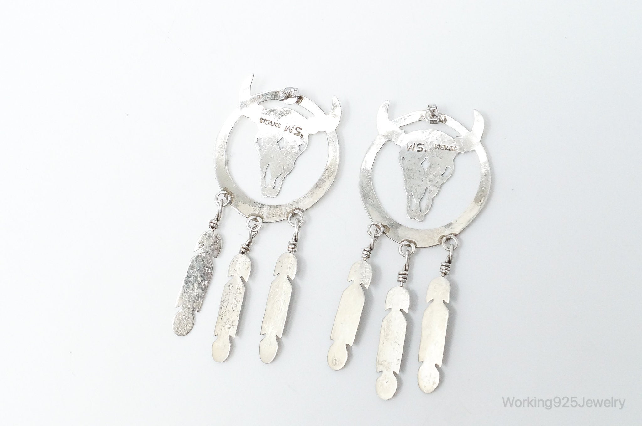 Vintage Native American WS Skull Dream Catcher Sterling Silver Earrings