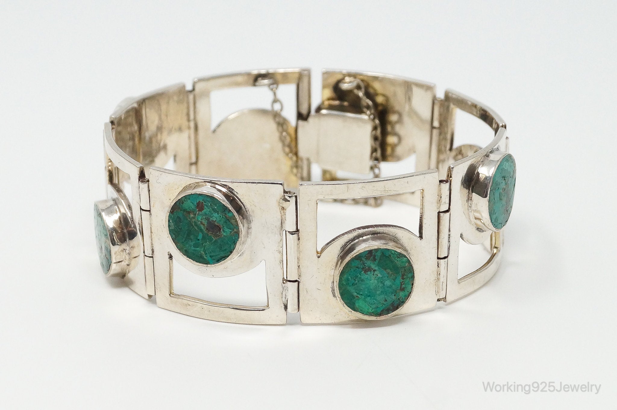 Vintage Taxco Designer Crushed Turquoise Sterling Silver Panel Bracelet