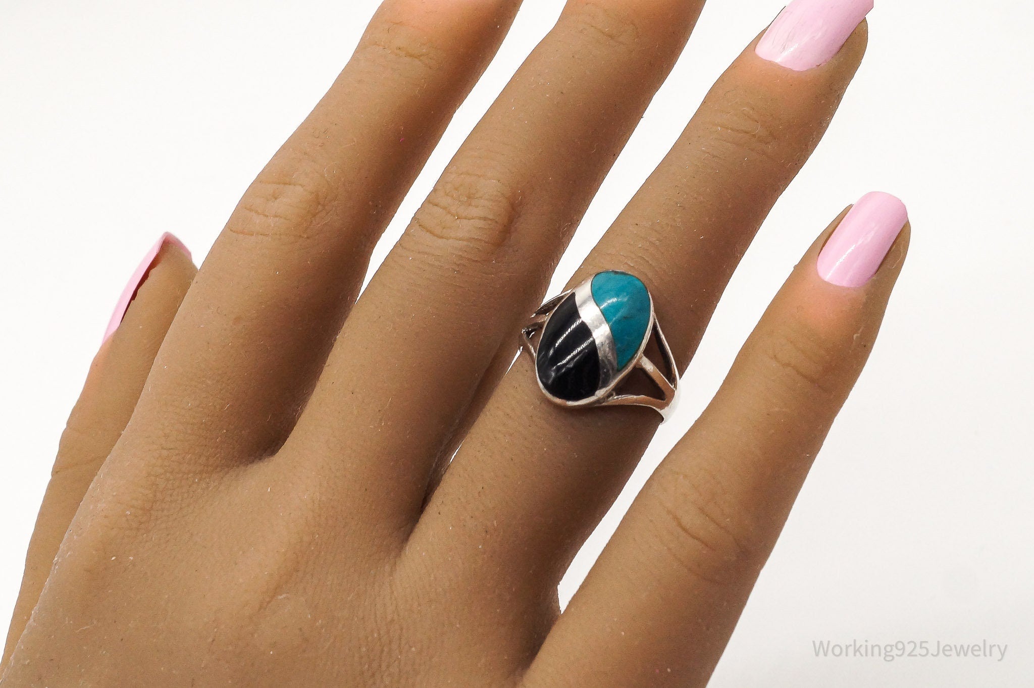 Vintage Turquoise Black Onyx Inlay Sterling Silver Ring - Size 6.75