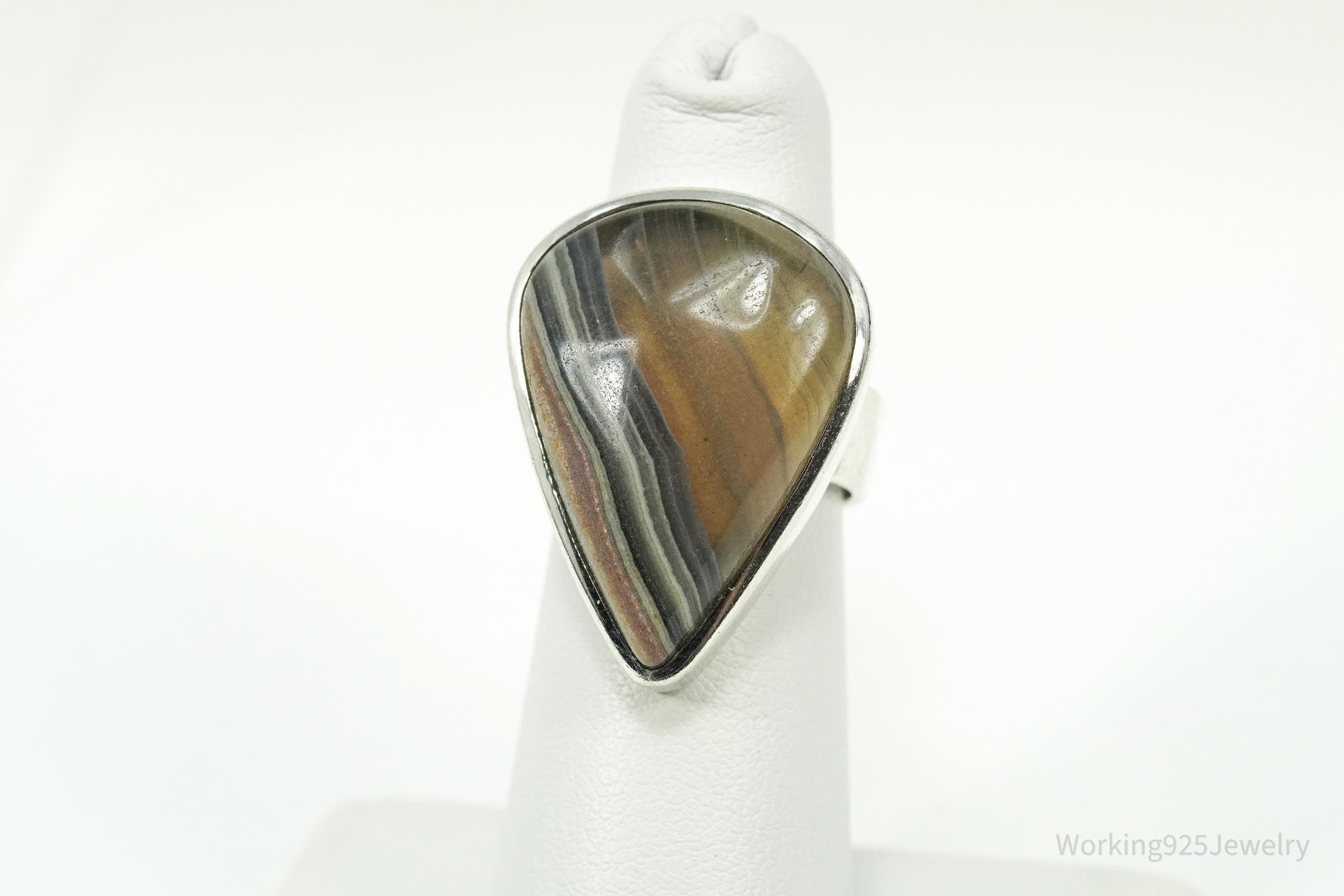 Vintage Large Lace Agate Sterling Silver Ring - Size 6.25