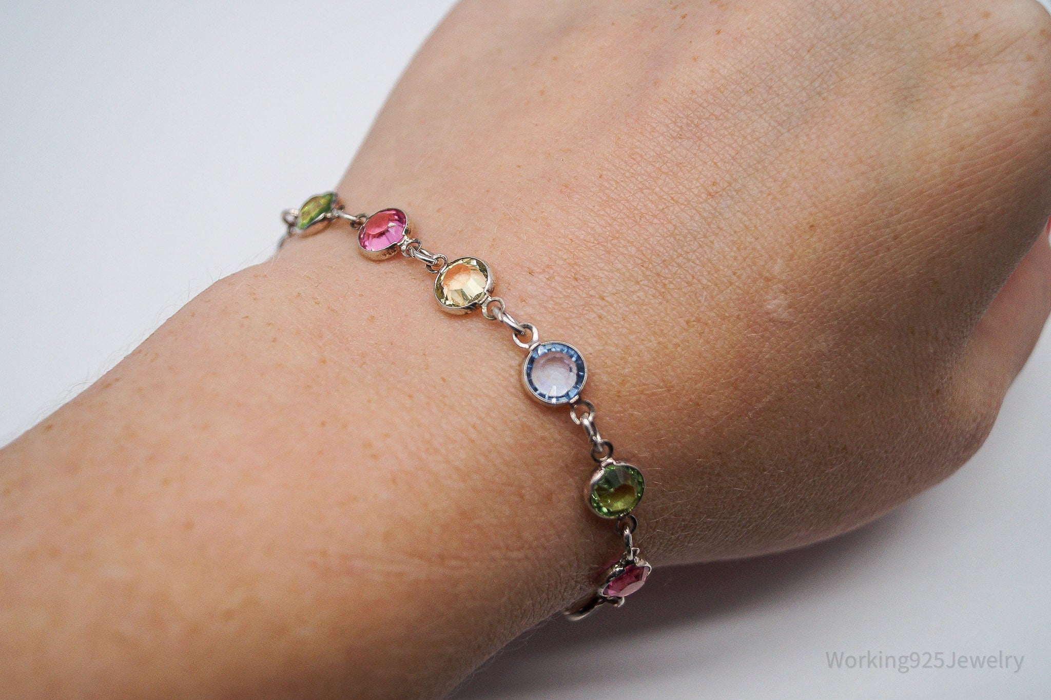 Vintage Rainbow Crystal Silver Bracelet - 7.25"