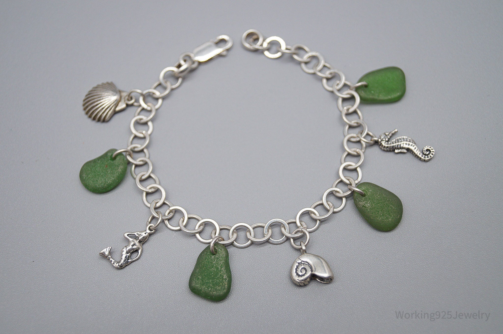 Vintage Ocean & Green Sea Glass Charms Sterling Silver Bracelet - 7.75"