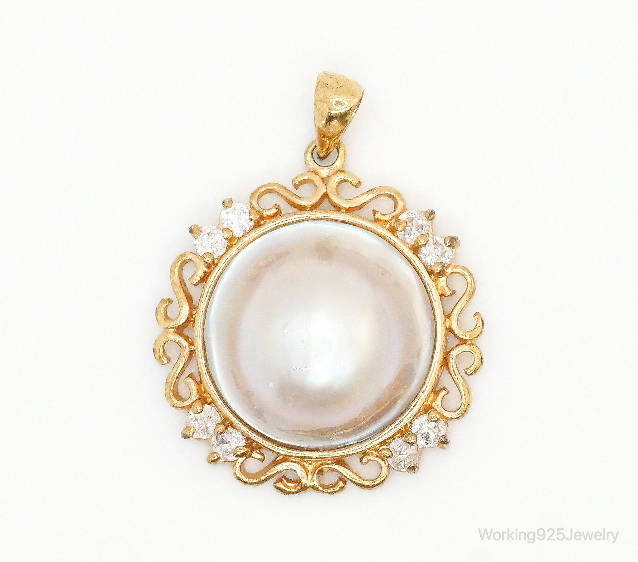 Vintage Pearl Gold Vermeil Cubic Zirconia Sterling Silver Pendant