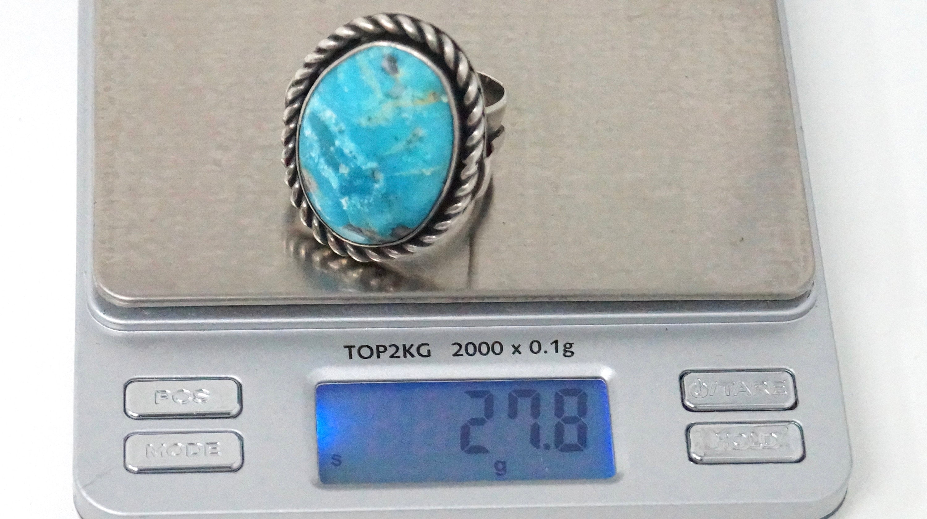 Vintage Native American Chunky Turquoise Sterling Silver Rope Ring - Size 13.25