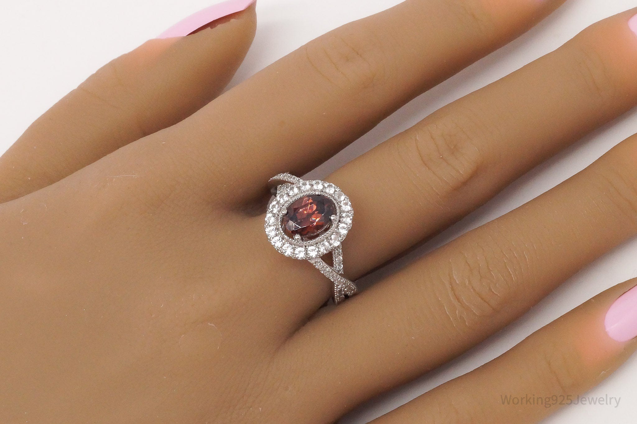 Vintage Garnet Cubic Zirconia Sterling Silver Ring - Size 11