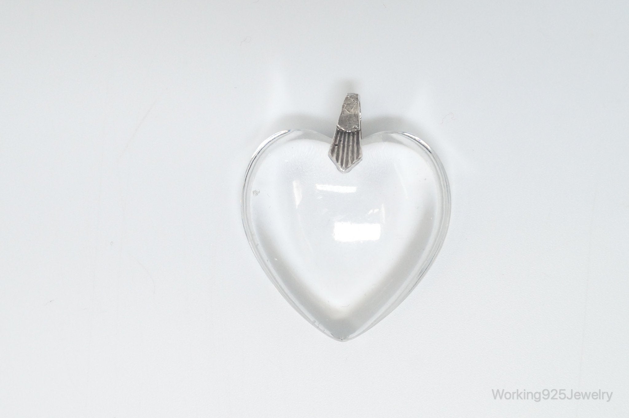 Vintage Large Glass Heart Sterling Silver Necklace Pendant