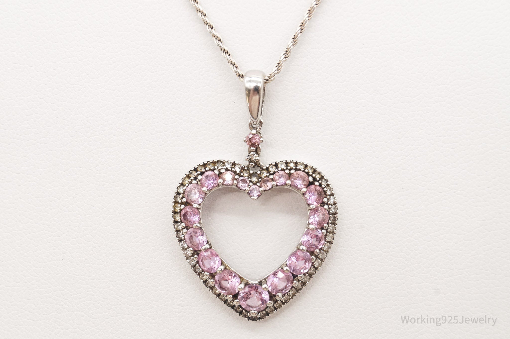 Vintage Pink & White Cubic Zirconia Heart Sterling Silver Necklace